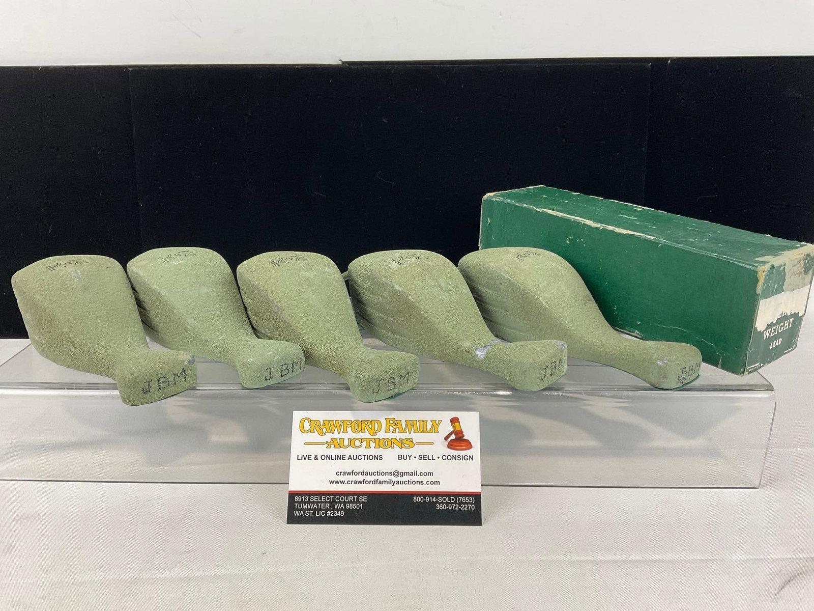 Set of 6 K&E Drafting Lead Weights, marked JBM, Green finish, w/1 box (1 of 6)