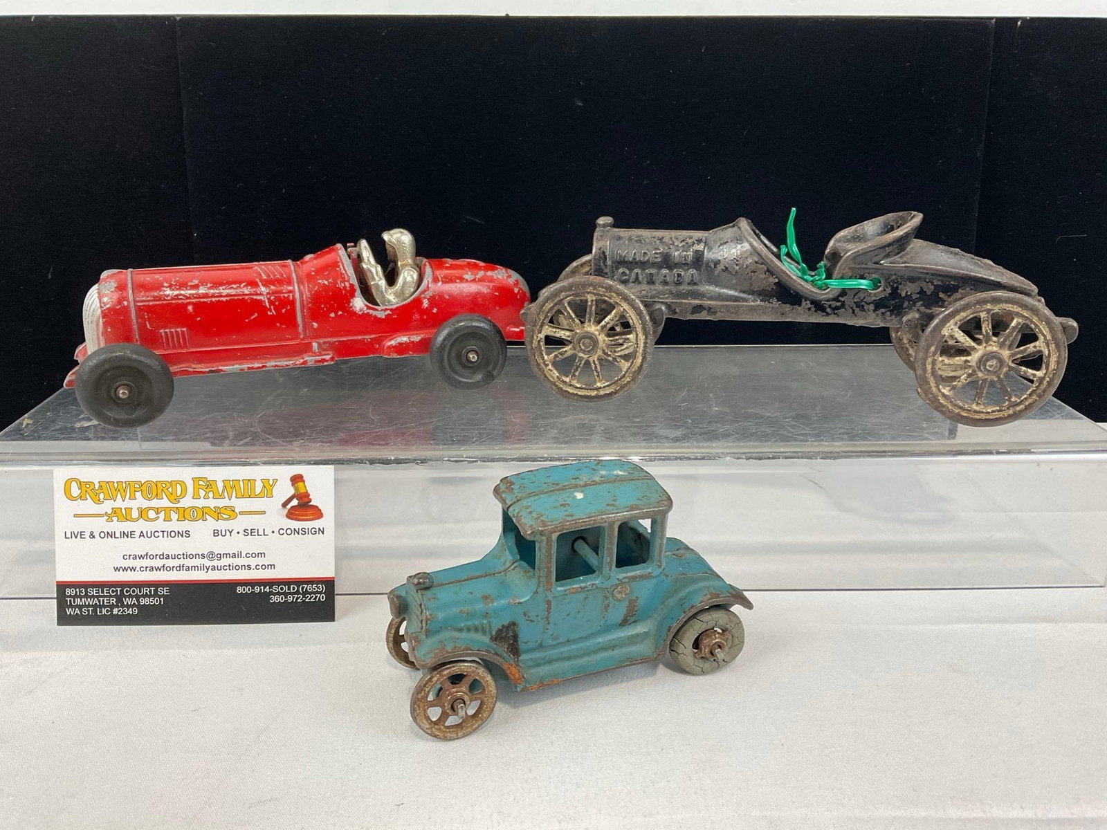 3 Early 20th Century Cast Iron Toys, AC Williams Ford Model T, Hubley Kiddie Toy #5 Race Car & Ra... (1 of 9)