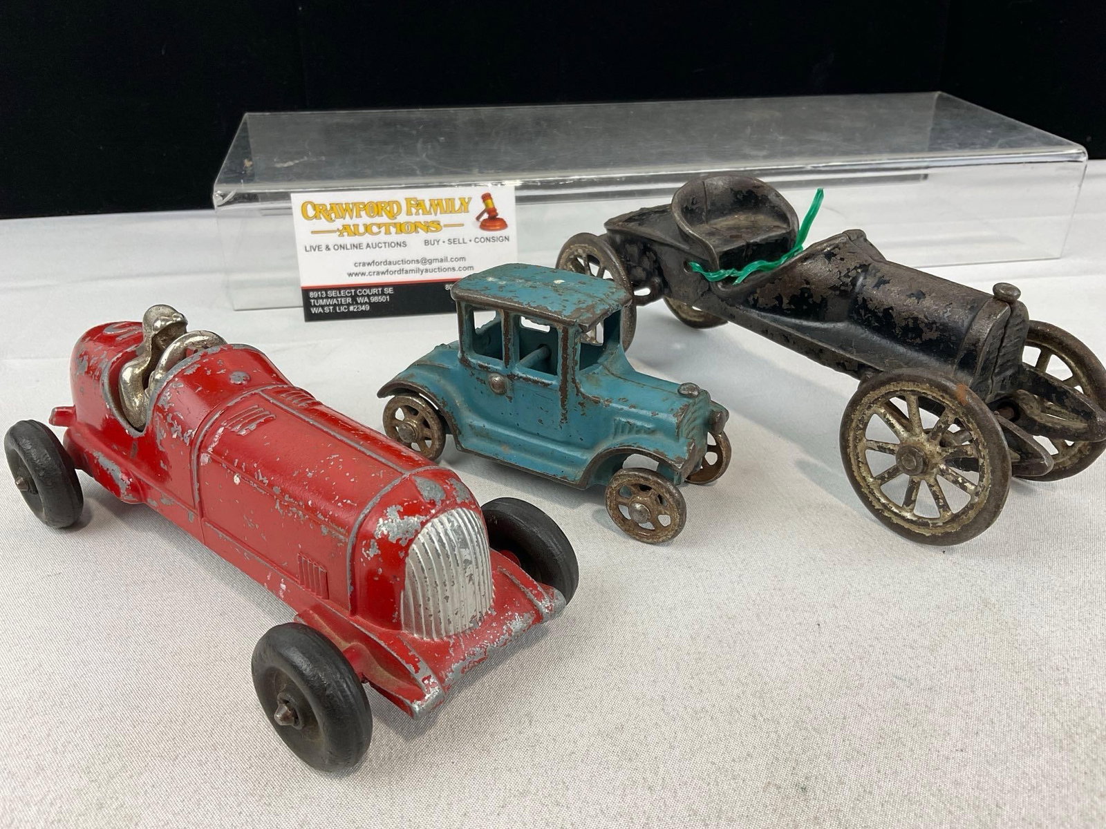3 Early 20th Century Cast Iron Toys, AC Williams Ford Model T, Hubley Kiddie Toy #5 Race Car & Ra... - 5