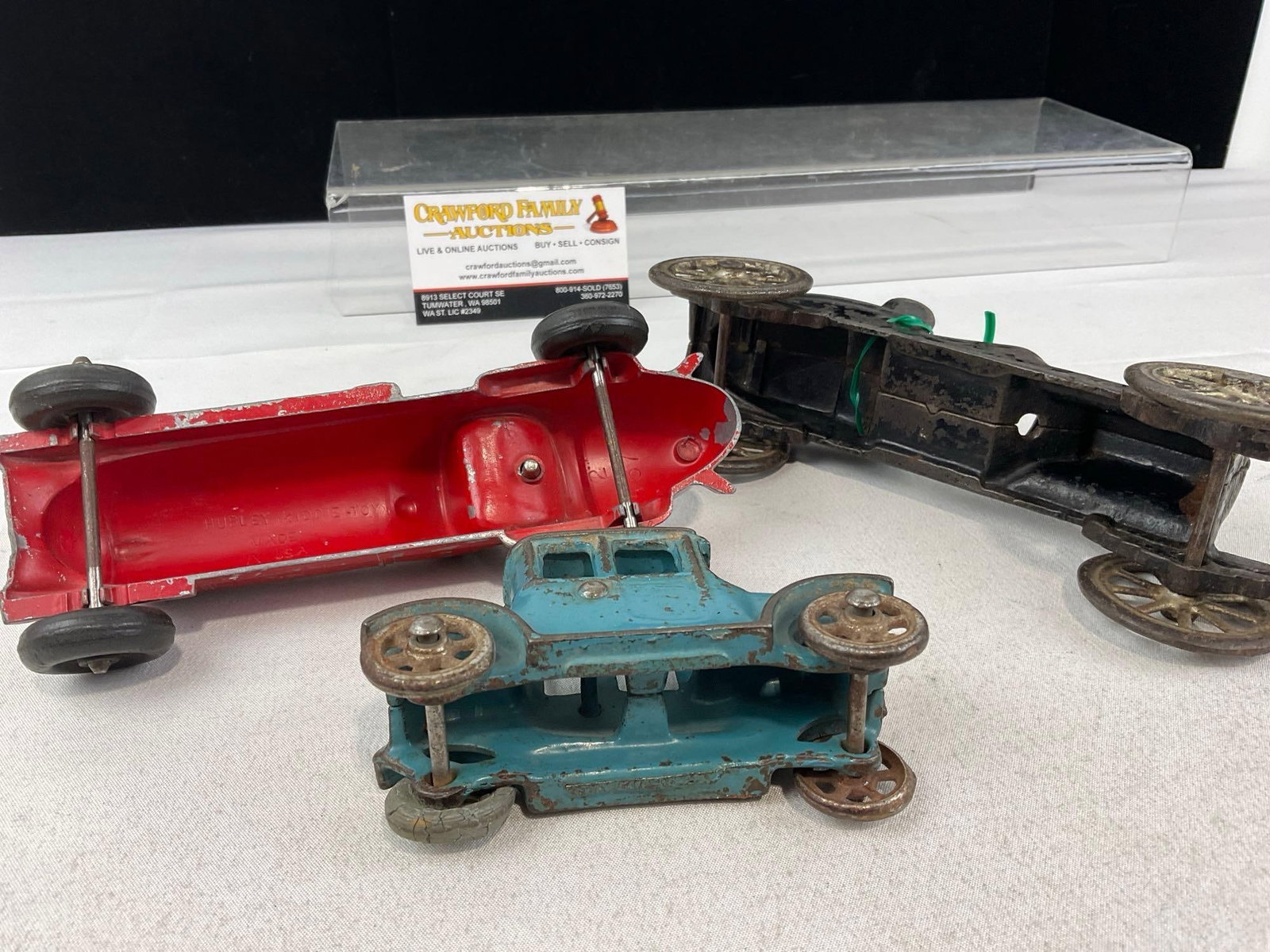 3 Early 20th Century Cast Iron Toys, AC Williams Ford Model T, Hubley Kiddie Toy #5 Race Car & Ra... - 6