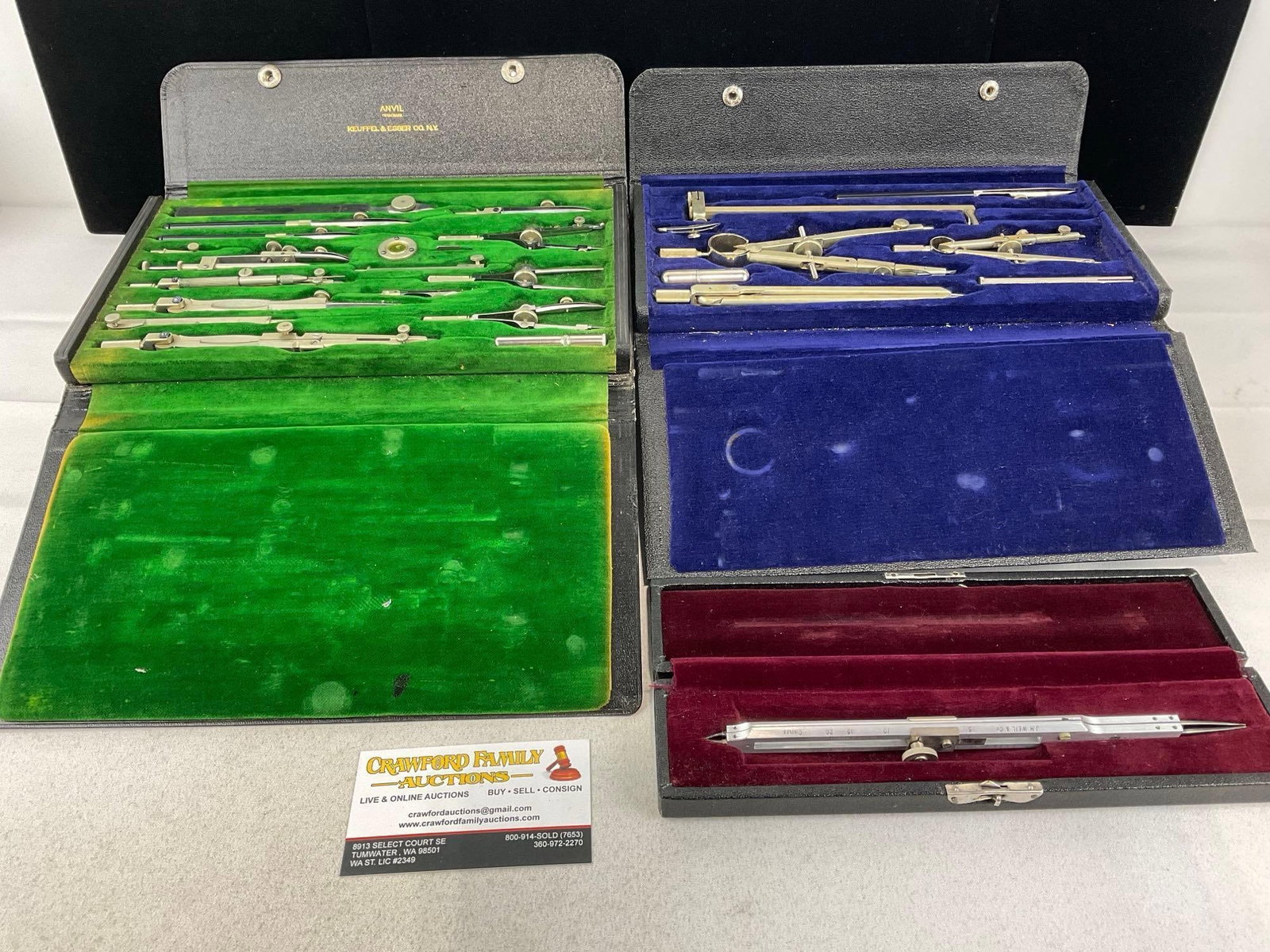 3 Vintage Keuffel & Esser Co. Drafting Tools, w/Blue/Green & Red Velvet Leather Cases (1 of 5)