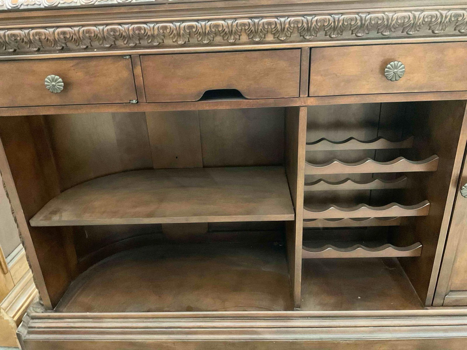 Ashley North Shore Brown Marble Top Carved Wood Dry Bar w/ Two Swivel Chairs. Good Cond. - 13