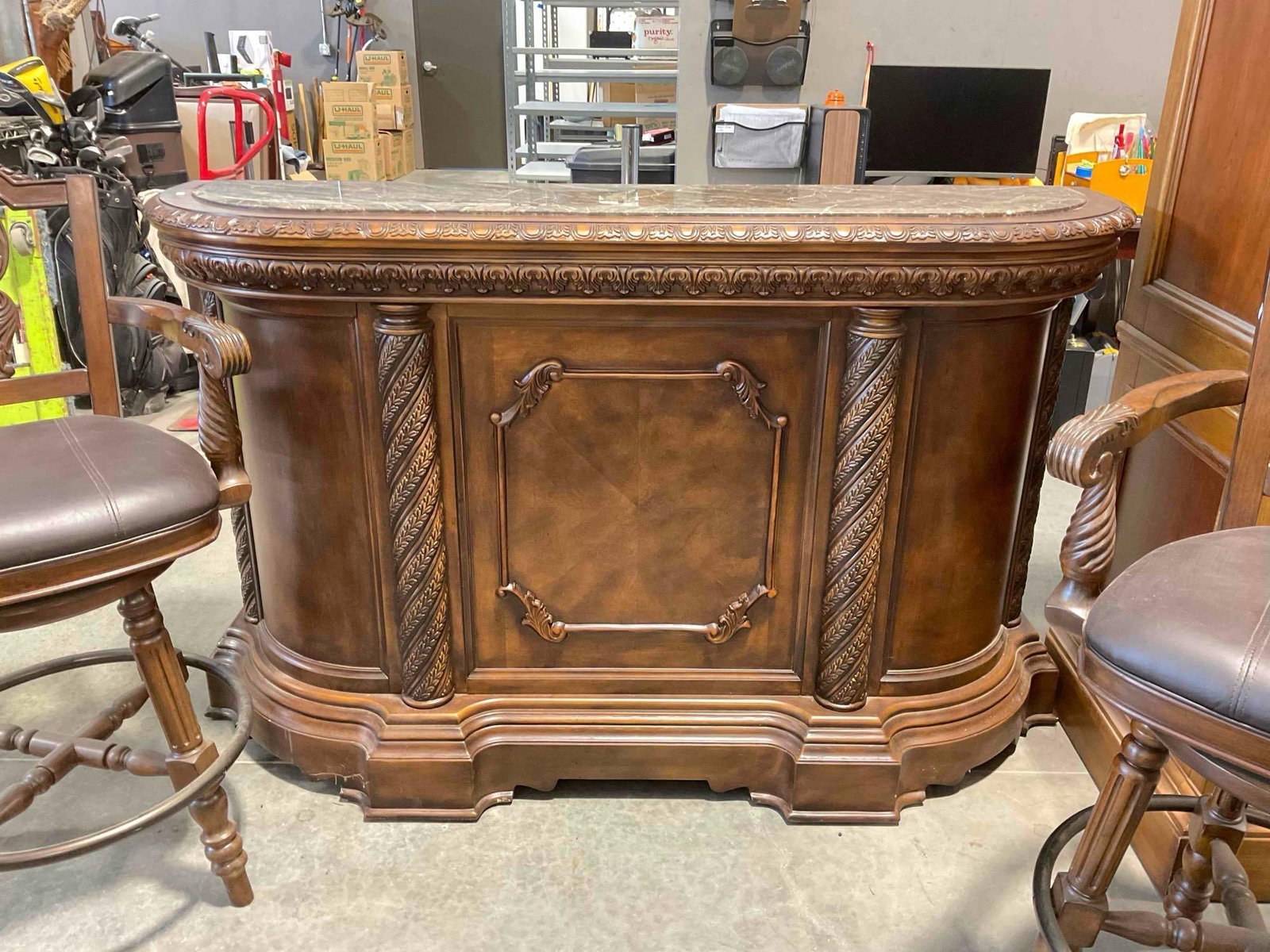 Ashley North Shore Brown Marble Top Carved Wood Dry Bar w/ Two Swivel Chairs. Good Cond. (1 of 13)