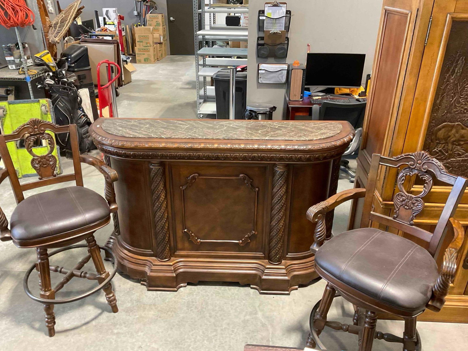 Ashley North Shore Brown Marble Top Carved Wood Dry Bar w/ Two Swivel Chairs. Good Cond. - 2