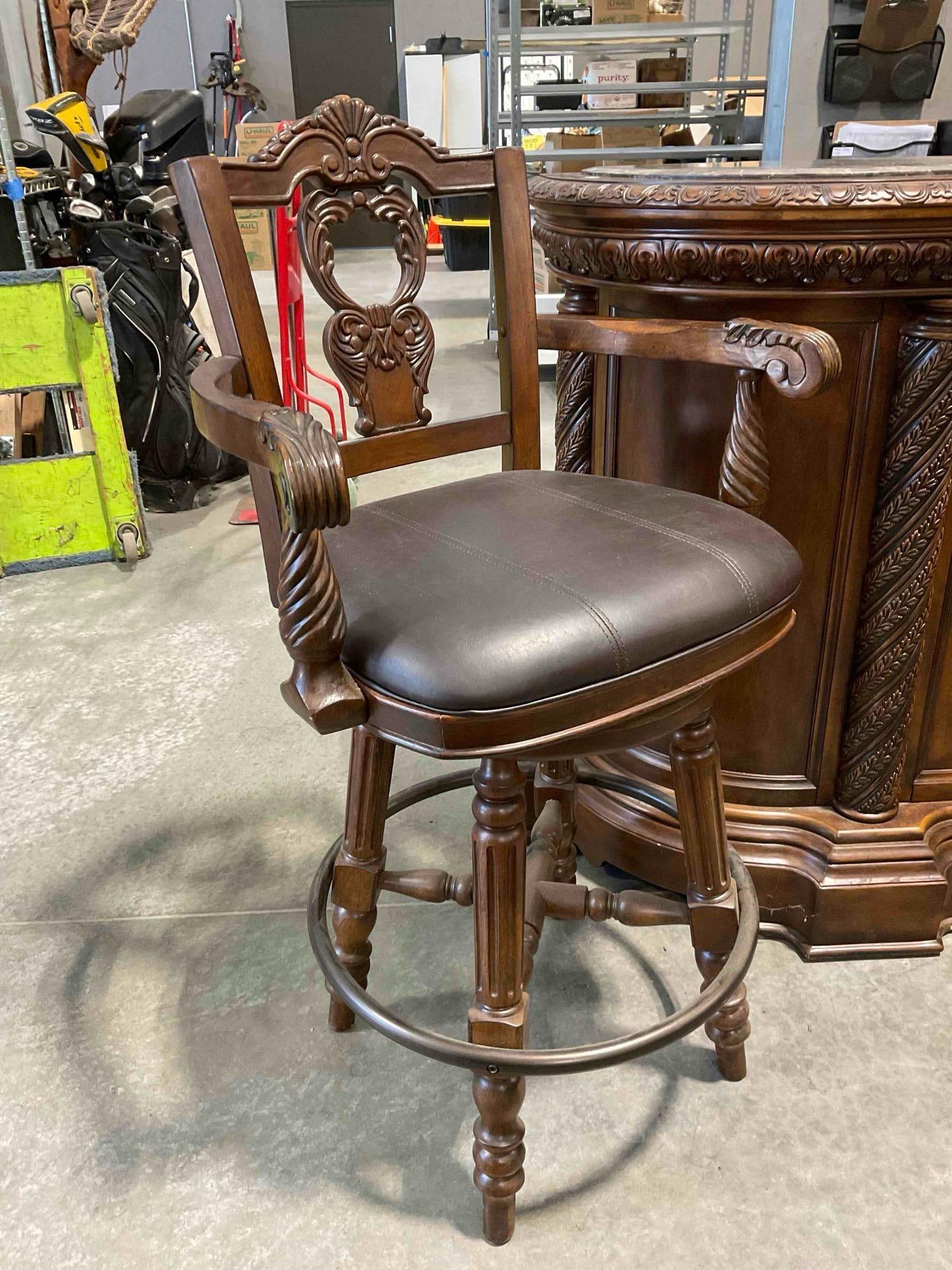 Ashley North Shore Brown Marble Top Carved Wood Dry Bar w/ Two Swivel Chairs. Good Cond. - 3