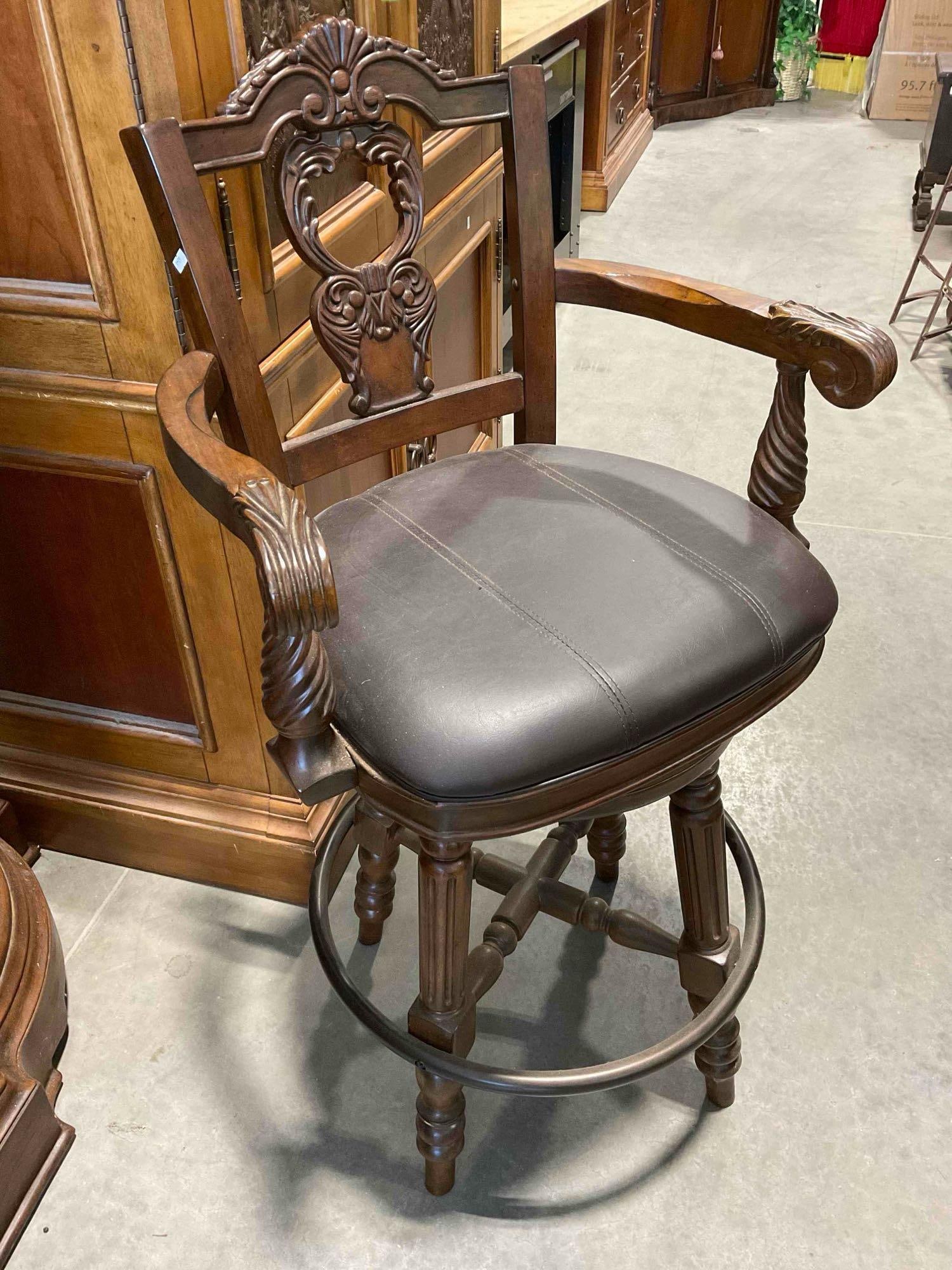 Ashley North Shore Brown Marble Top Carved Wood Dry Bar w/ Two Swivel Chairs. Good Cond. - 4