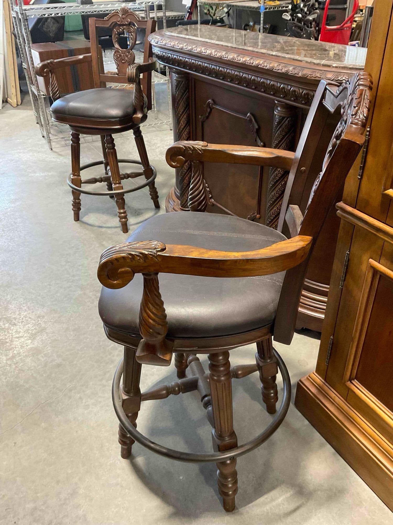 Ashley North Shore Brown Marble Top Carved Wood Dry Bar w/ Two Swivel Chairs. Good Cond. - 5