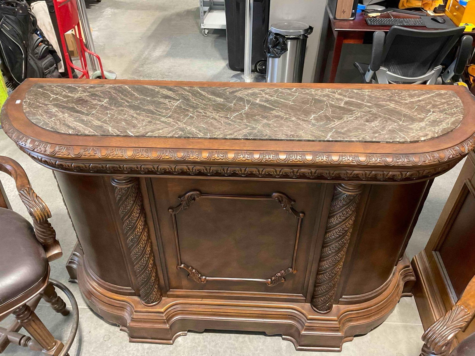 Ashley North Shore Brown Marble Top Carved Wood Dry Bar w/ Two Swivel Chairs. Good Cond. - 6