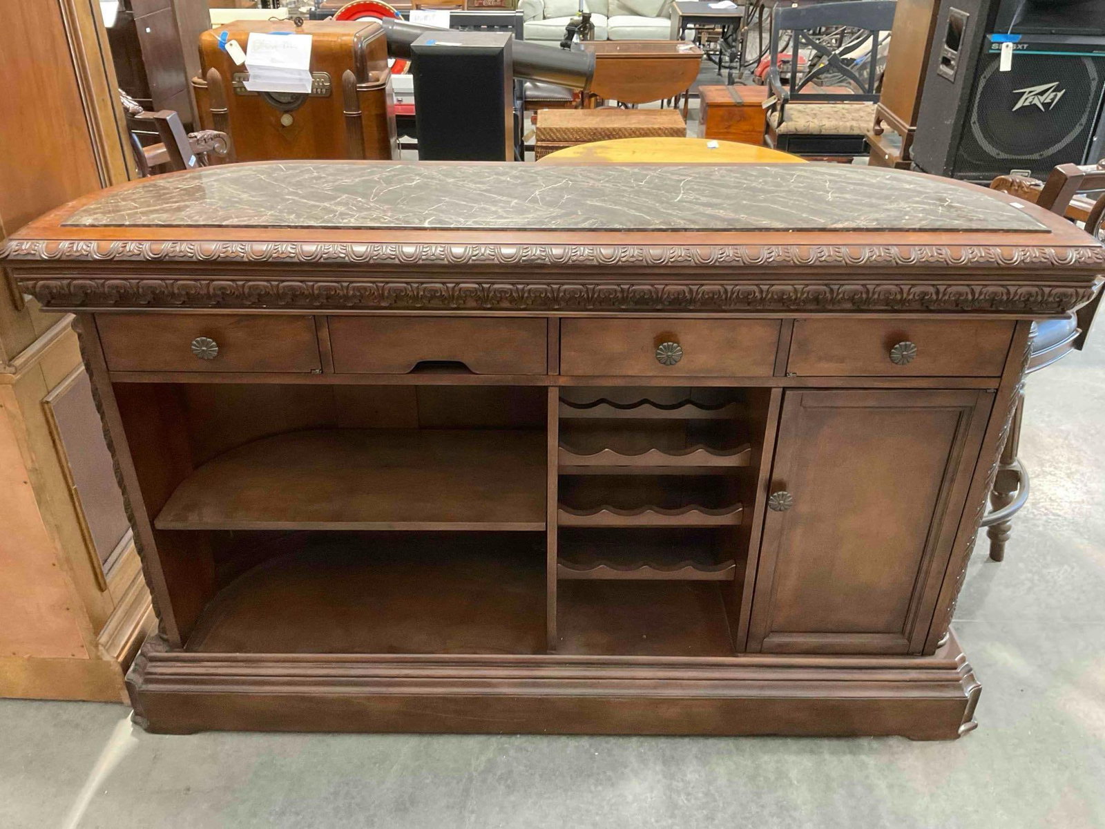 Ashley North Shore Brown Marble Top Carved Wood Dry Bar w/ Two Swivel Chairs. Good Cond. - 7