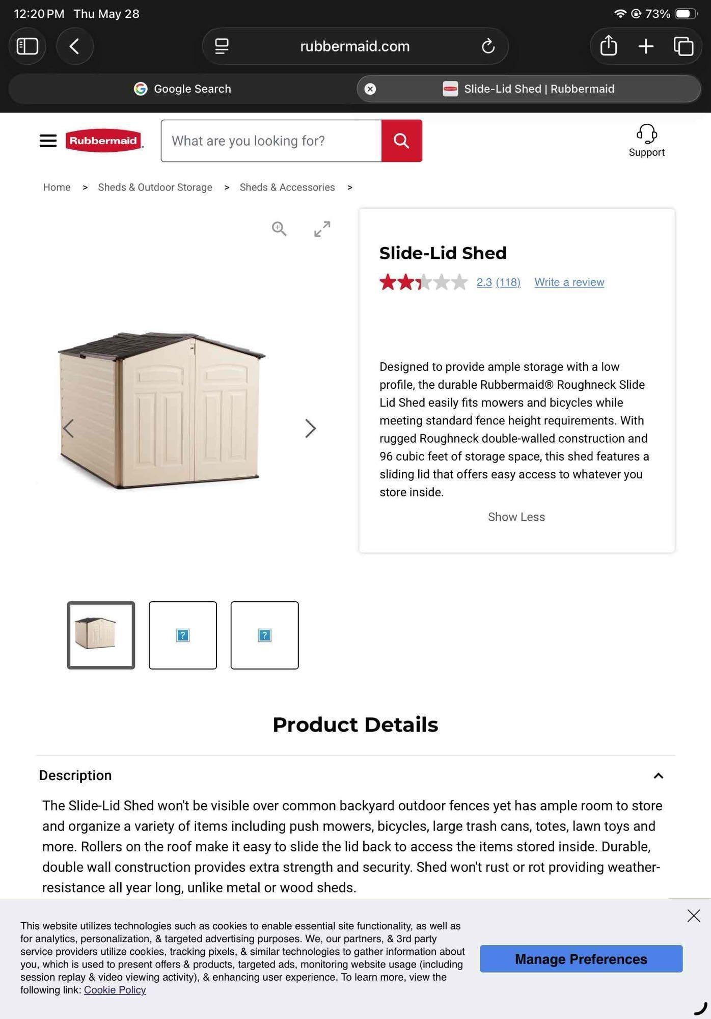 NIB Unassembled Rubbermaid Slide Lid Shed Model 1800005. Good Condition. See pics.: NIB Unassembled Rubbermaid Slide Lid Shed Model 1800005. Good Condition. Minor dirt and wear to outer packaging, otherwise looks to be in good condition. Measures 45" x 14" x 72"