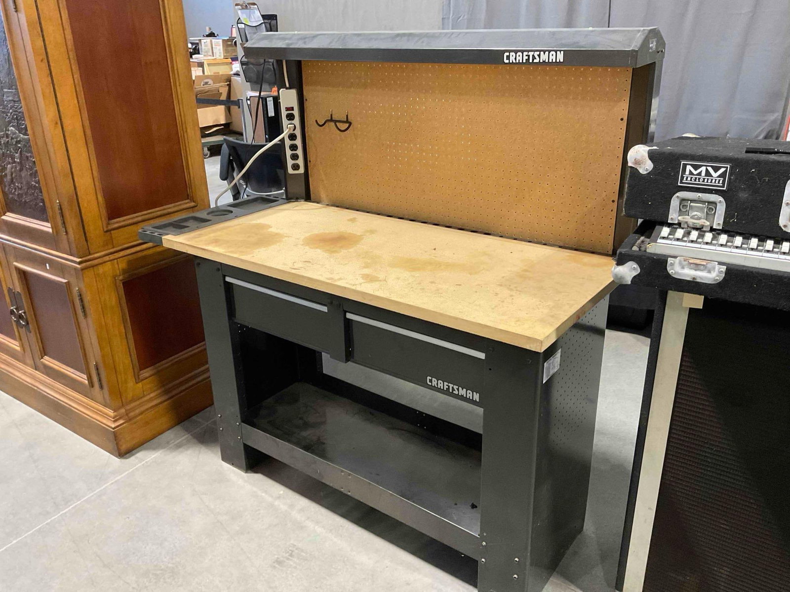 Craftsman 2-Drawer Wood Top Work Bench w/ Light & Pegboard Back. Good Condition. See pics. (1 of 6)