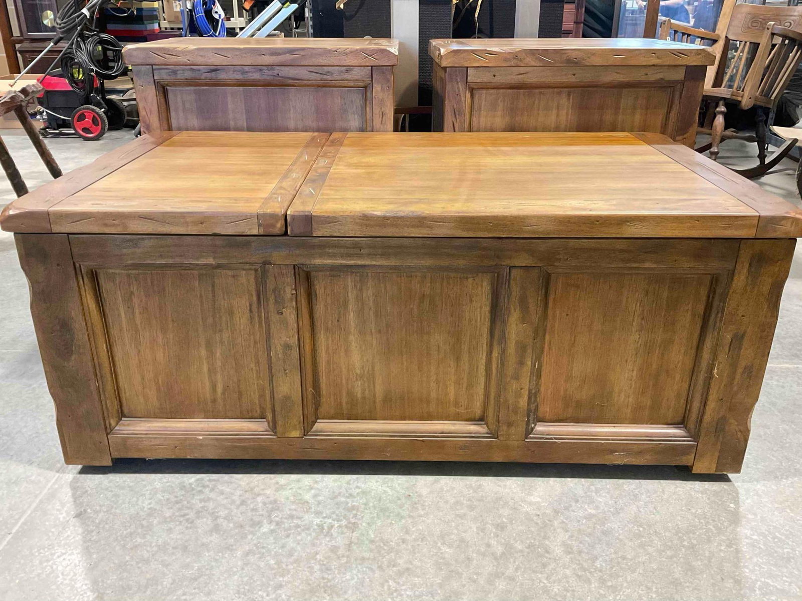 Rustic Wood Veneer Coffee Table w/ 2 Recessed Storage Cubbies. Good Condition. See pics. (1 of 6)