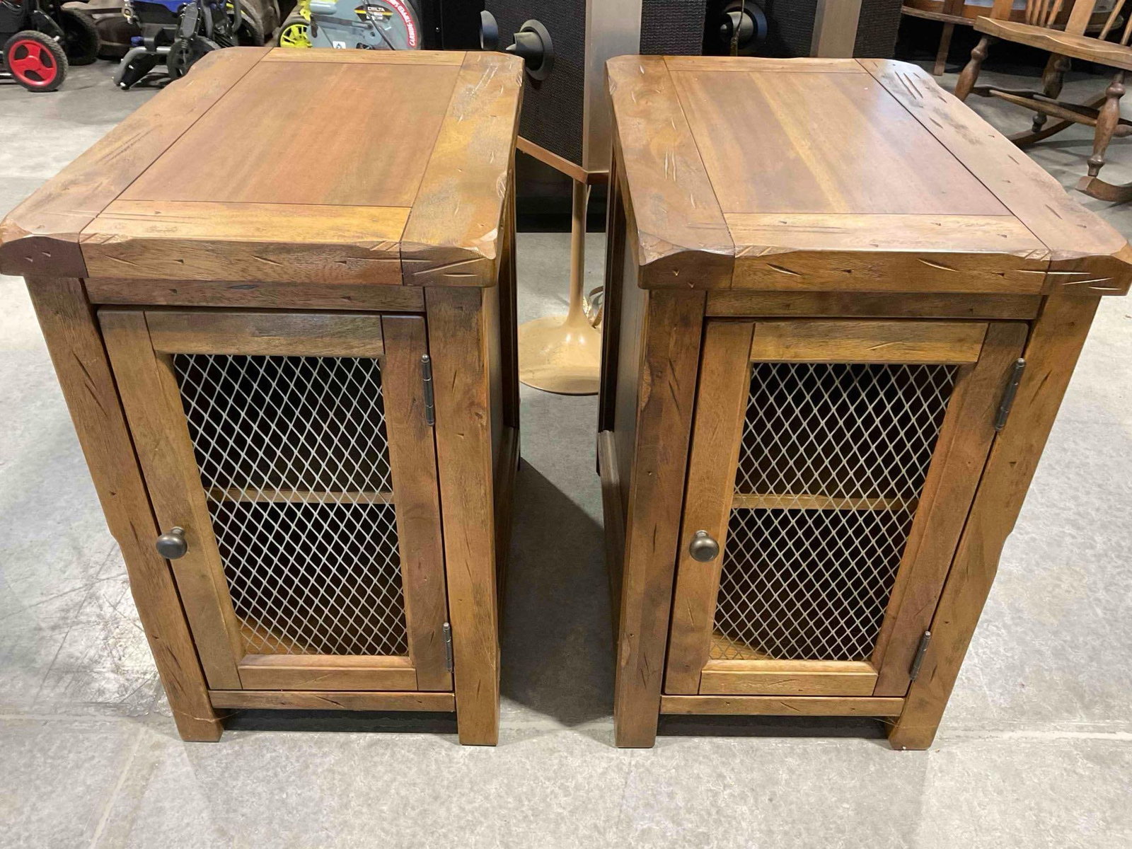 Pair of Rustic Wood Veneer End Tables w/ Chicken Wire Door & Shelf. Good Condition. See pics. (1 of 7)