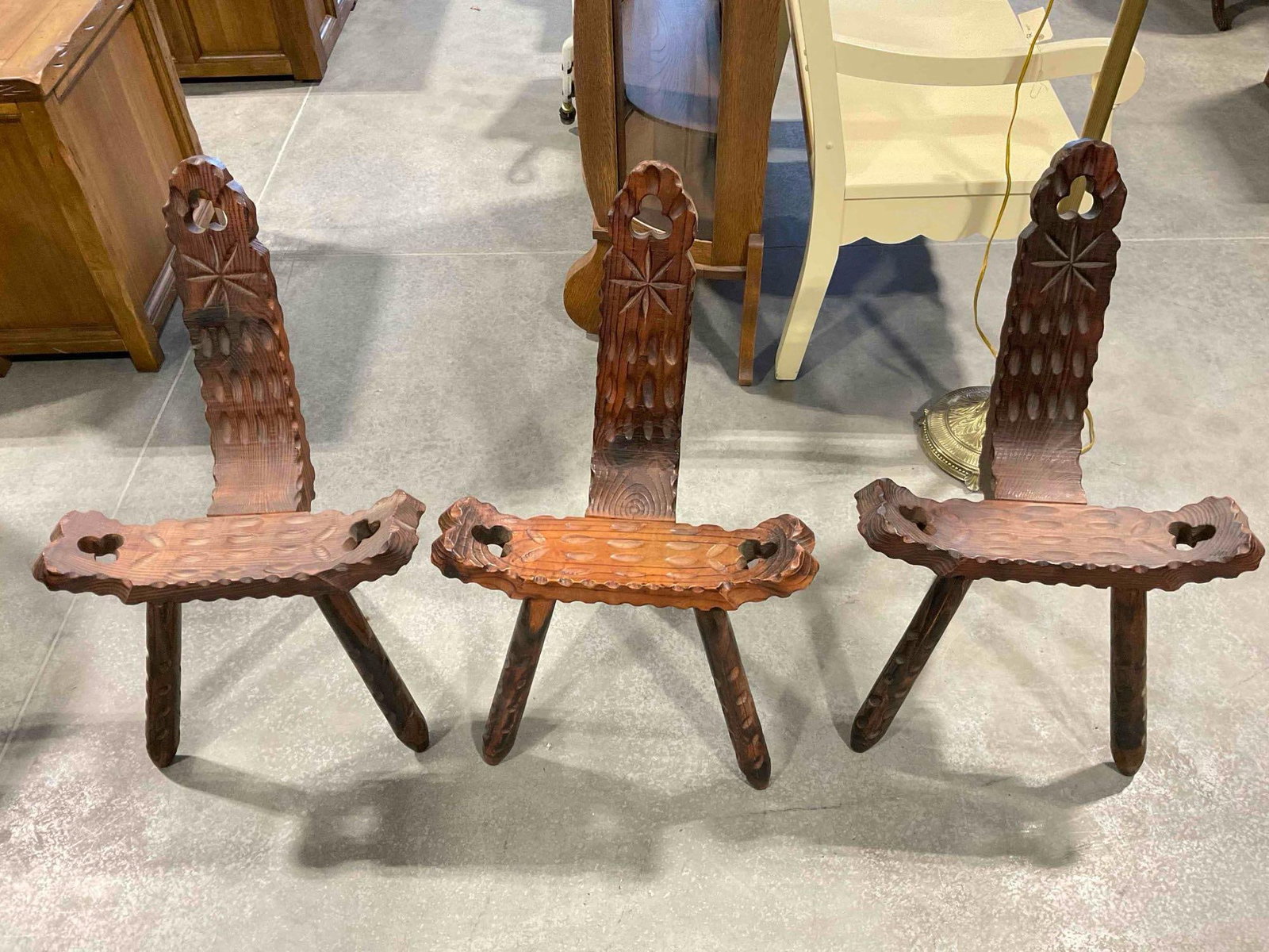 3pc set of Vintage European Italian/Spanish design birthing chairs with tripod legs & carved detail (1 of 7)