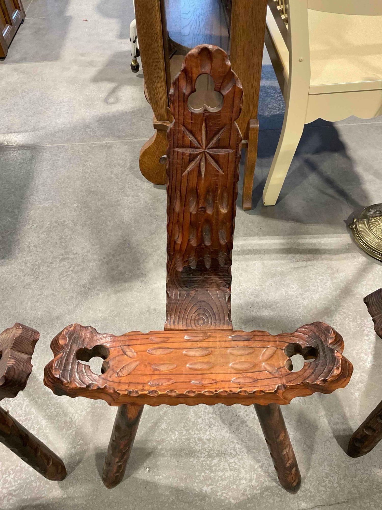 3pc set of Vintage European Italian/Spanish design birthing chairs with tripod legs & carved detail - 2