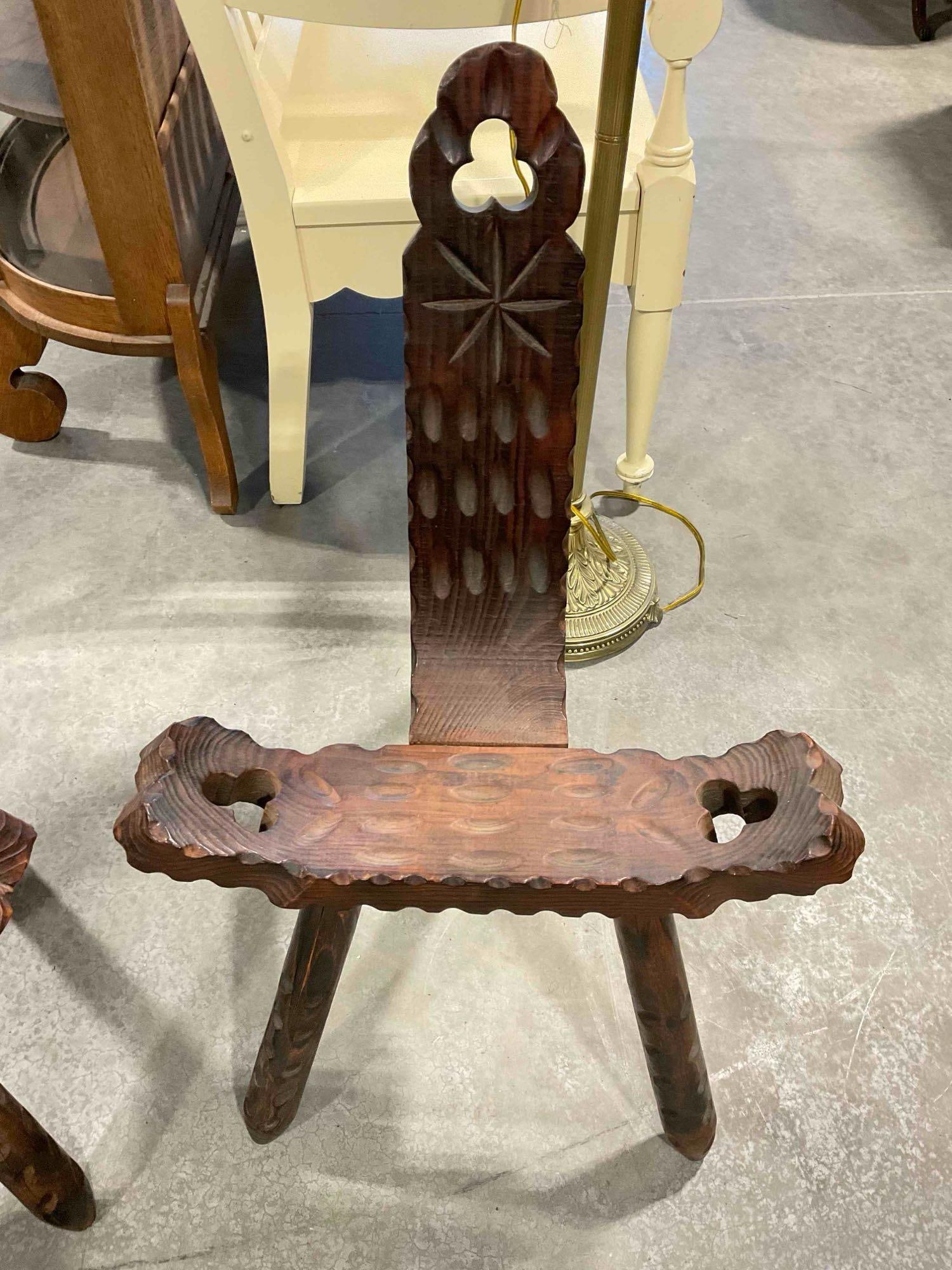 3pc set of Vintage European Italian/Spanish design birthing chairs with tripod legs & carved detail - 3