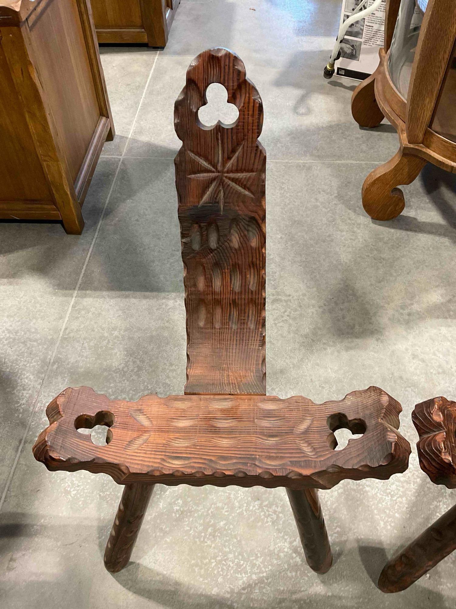 3pc set of Vintage European Italian/Spanish design birthing chairs with tripod legs & carved detail - 4