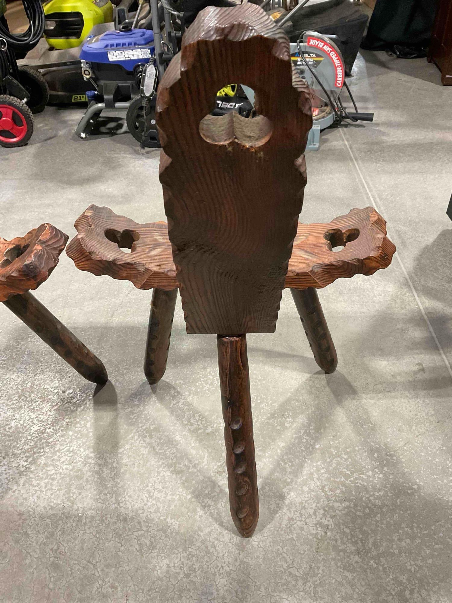 3pc set of Vintage European Italian/Spanish design birthing chairs with tripod legs & carved detail - 5