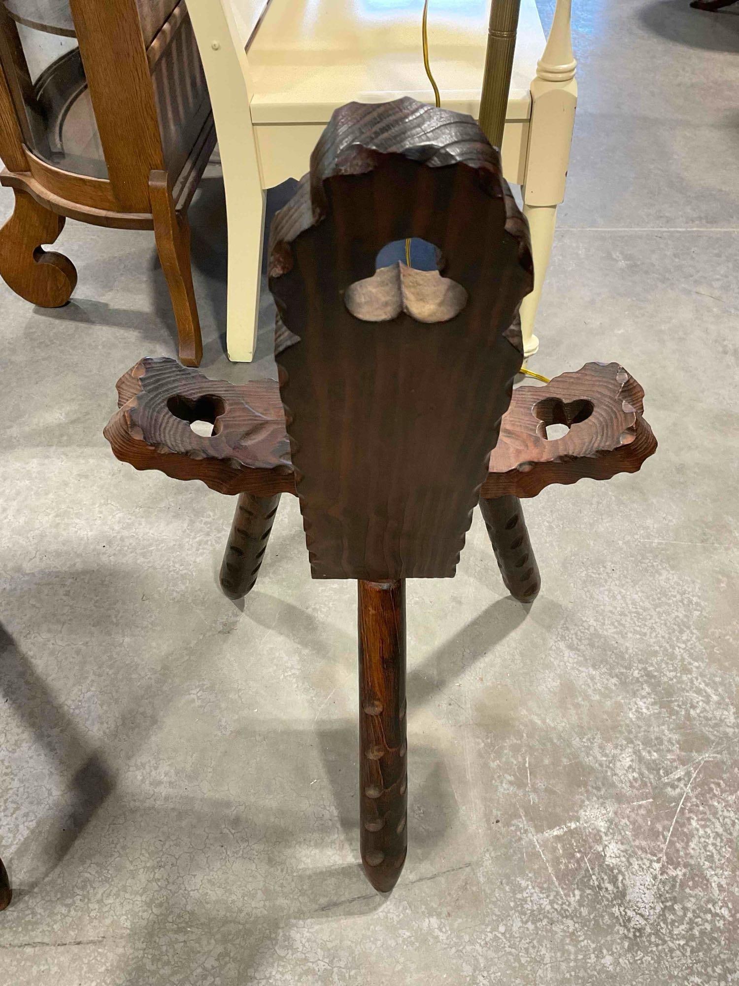 3pc set of Vintage European Italian/Spanish design birthing chairs with tripod legs & carved detail - 7