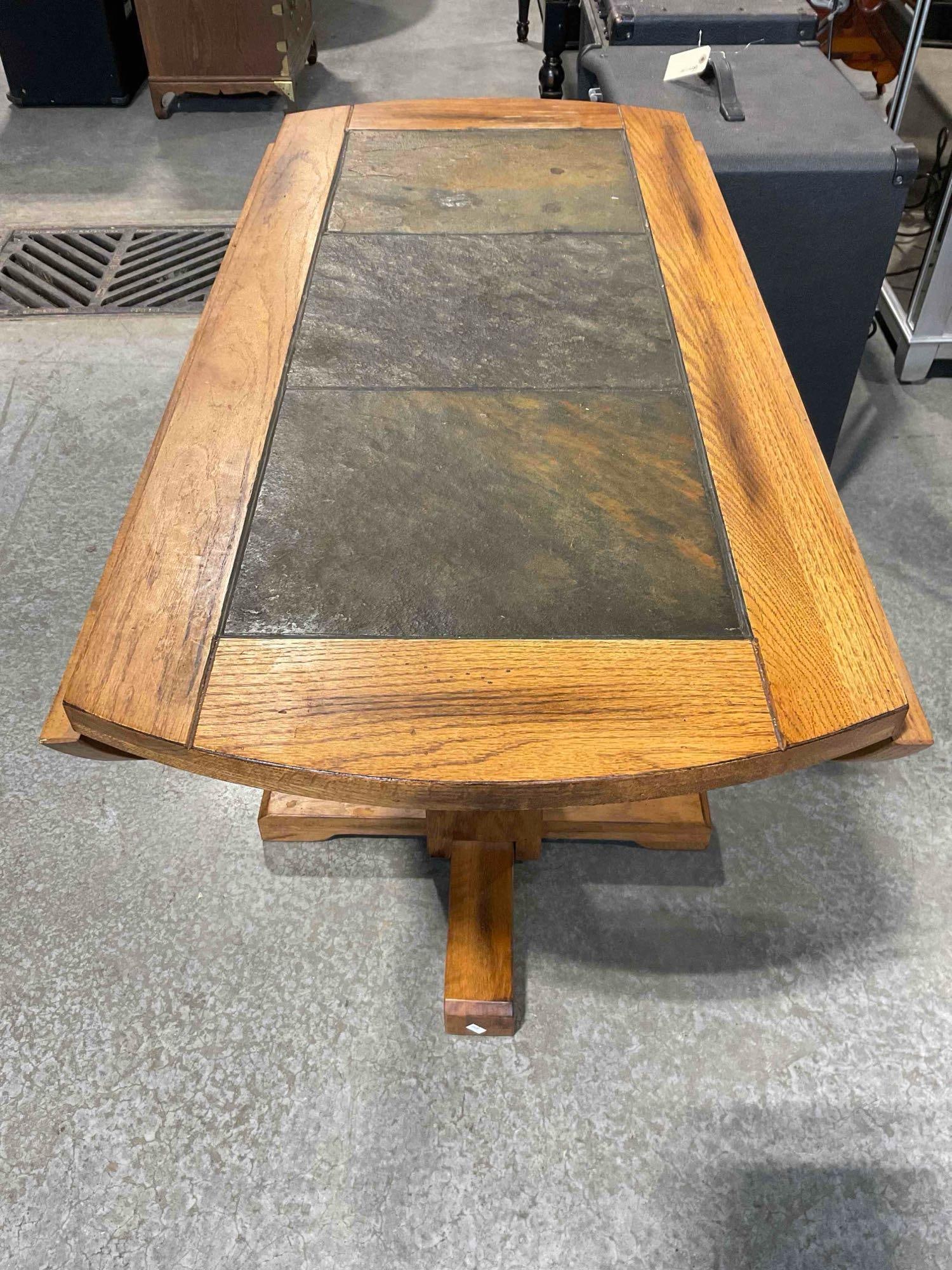 Handsome Vintage Oak Drop Leaf Table w/ Green Stone Insert. Good Condition. See pics. (1 of 6)