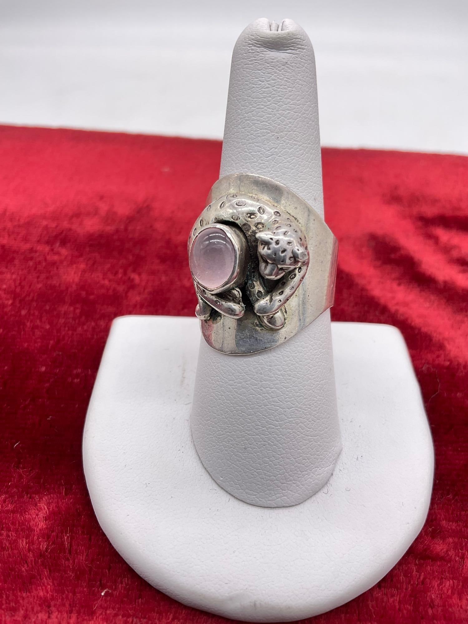 1989 sterling silver Carol Felley pink stone Leopard ring size 9 - 4