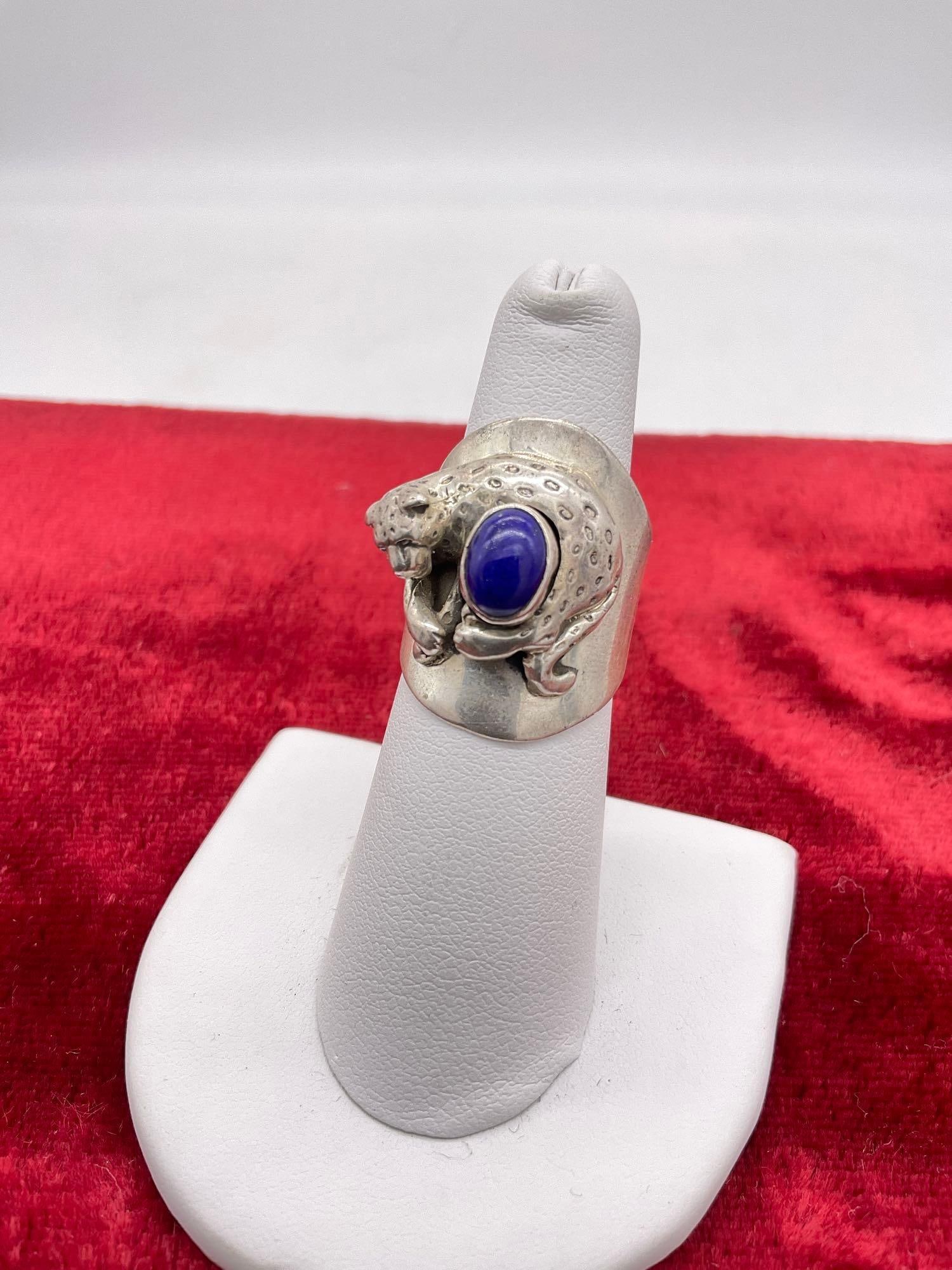 1989 sterling silver Carol Felley blue lapis Leopard ring size 8 (1 of 3)