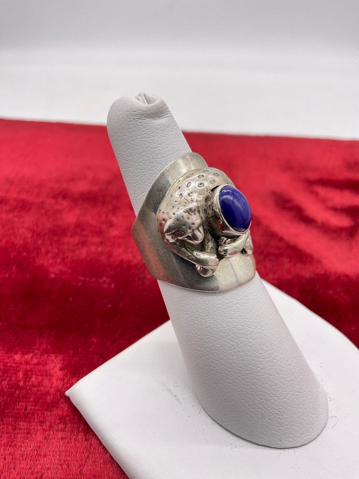 1989 sterling silver Carol Felley blue lapis Leopard ring size 8 - 2
