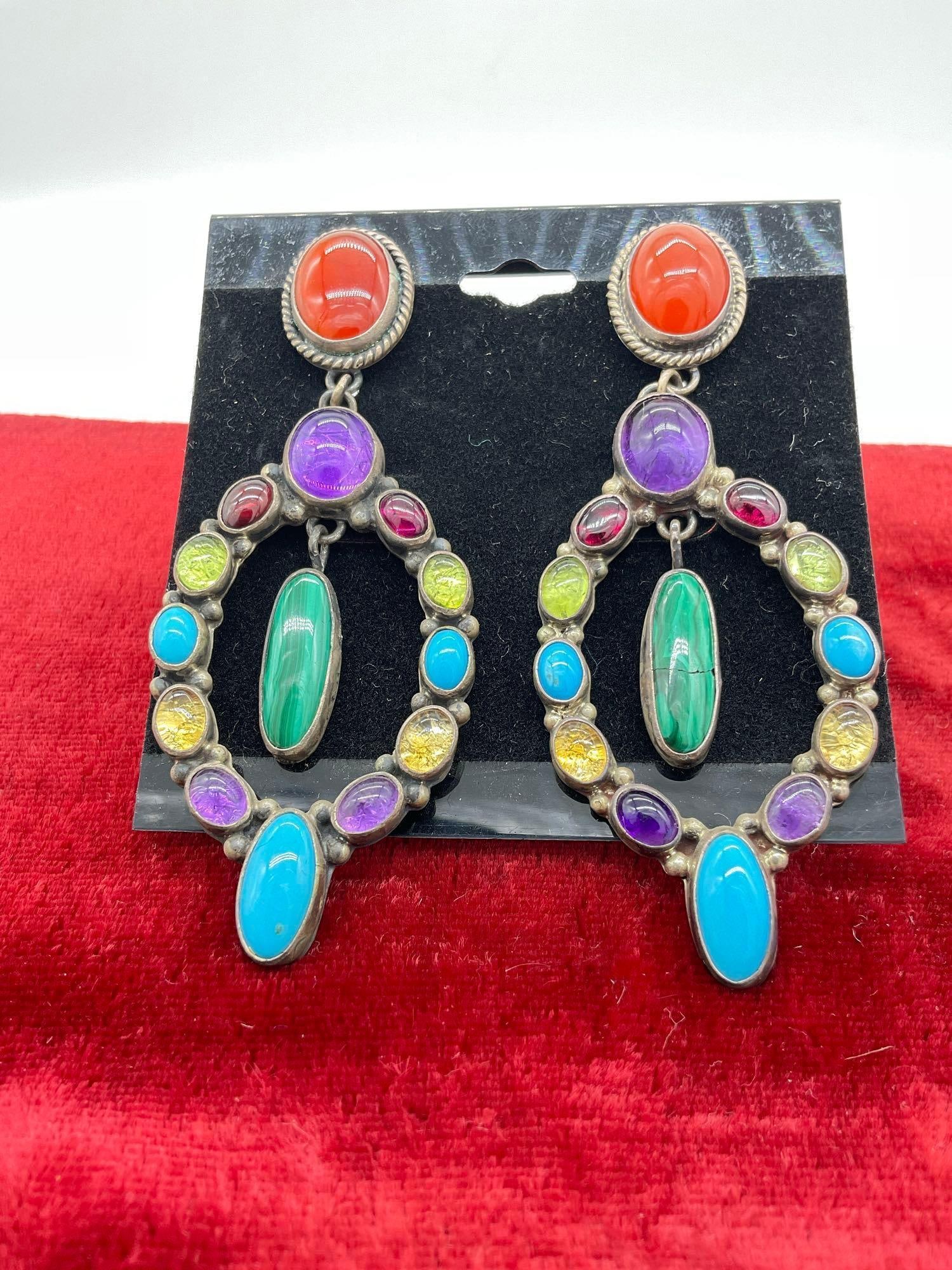 Vintage Native American Nakia sterling silver heavy dangle earrings w/ malachite, turquoise etc: See pics one malachite stone cracked on earring right side of first picture, approx 36 grams