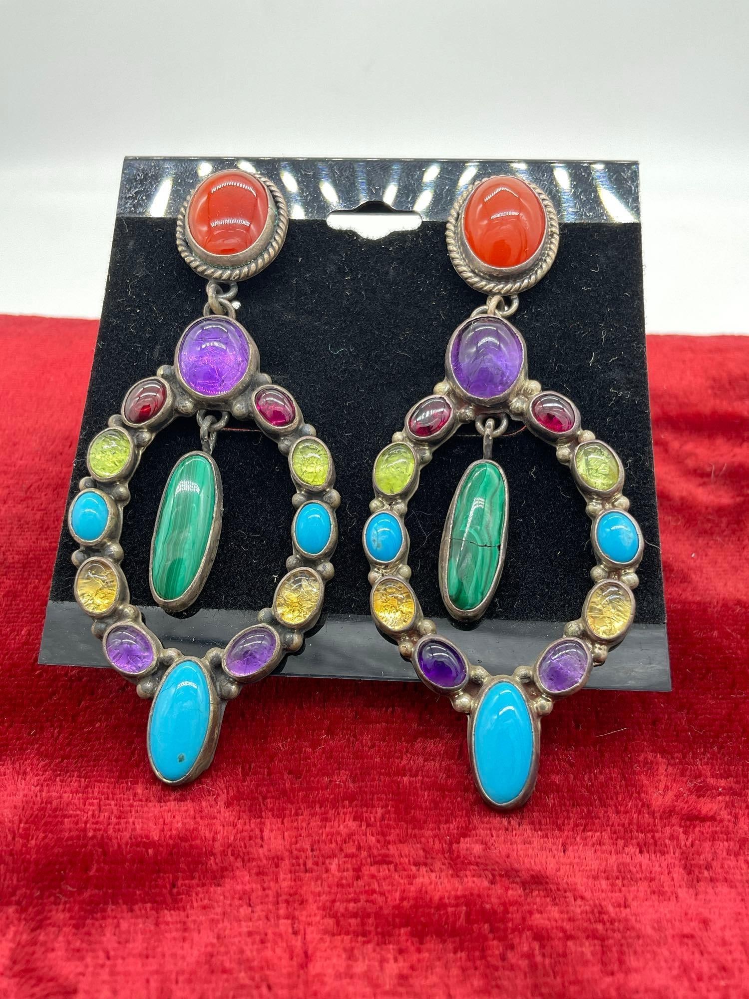 Vintage Native American Nakia sterling silver heavy dangle earrings w/ malachite, turquoise etc - 2
