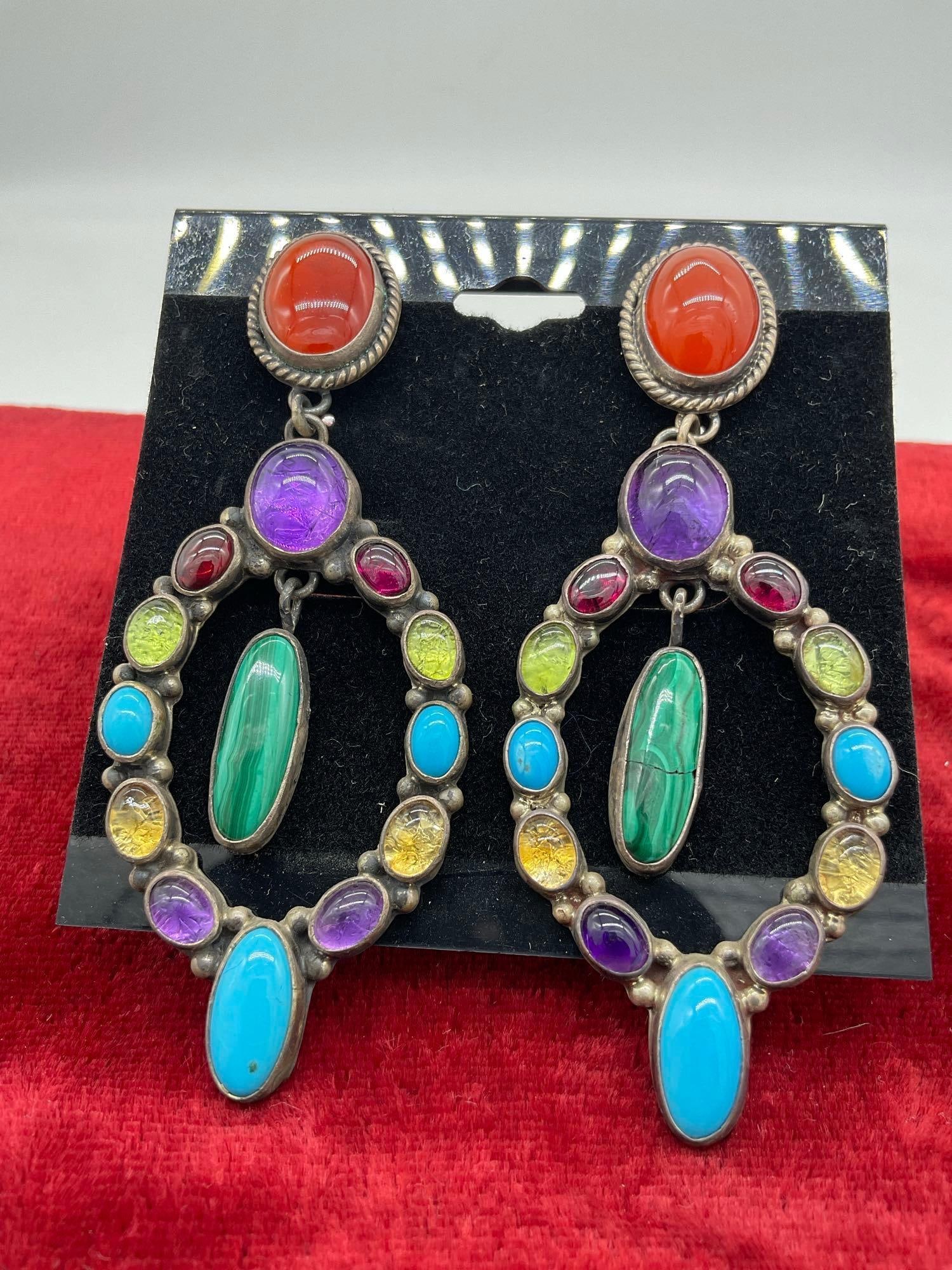 Vintage Native American Nakia sterling silver heavy dangle earrings w/ malachite, turquoise etc - 3