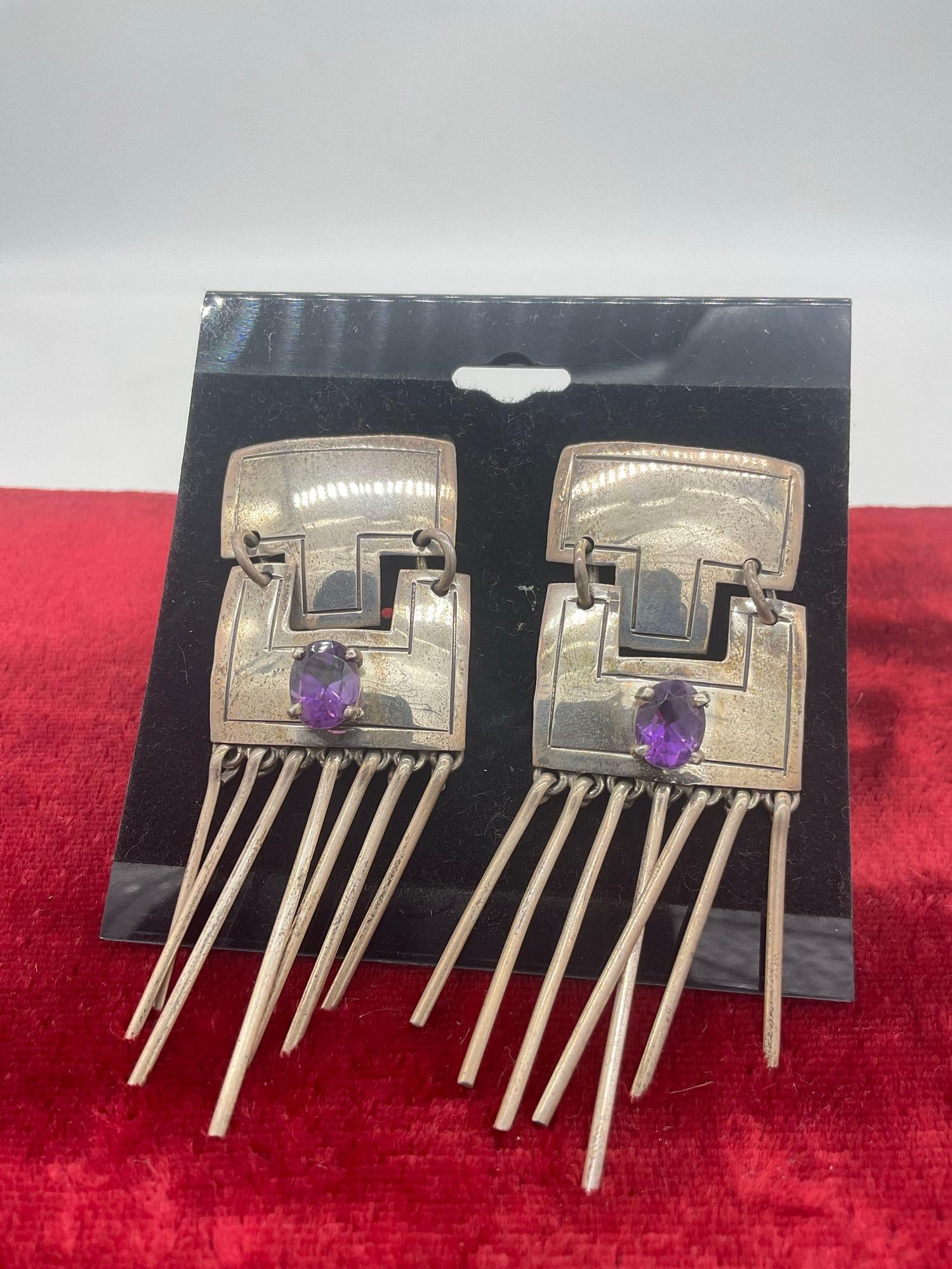 Vintage 1990 Carol Felley Sterling silver Native American design earrings w/ purple gem setting: Vintage 1990 Carol Felley Sterling silver Native American design earrings w/ purple gem setting
