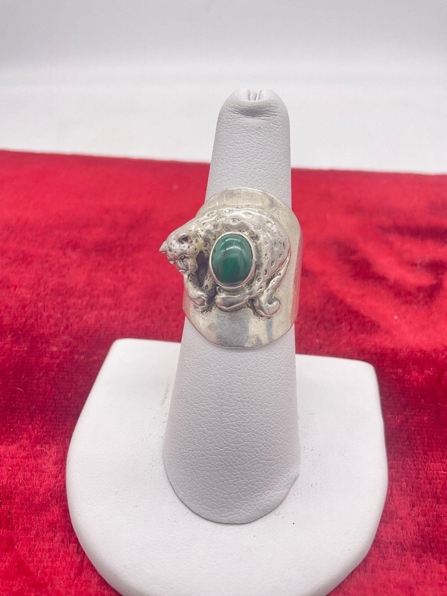 Vintage 1989 sterling silver Carol Felley Leopard ring with malachite setting sz 8 (1 of 4)