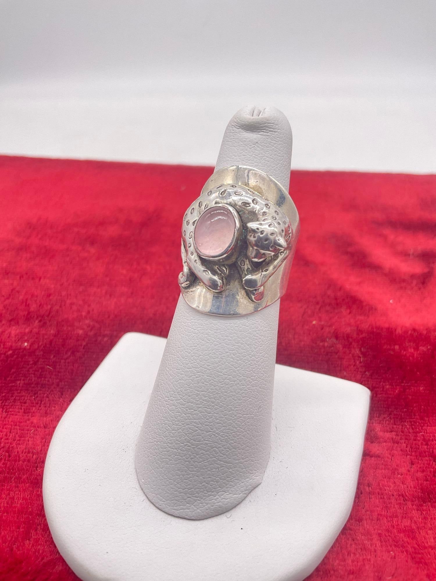 Lovely 1989 Carol Felley Sterling silver Leopard Ring with pink stone setting sz 8: Lovely 1989 Carol Felley Sterling silver Leopard Ring with pink stone setting sz 8