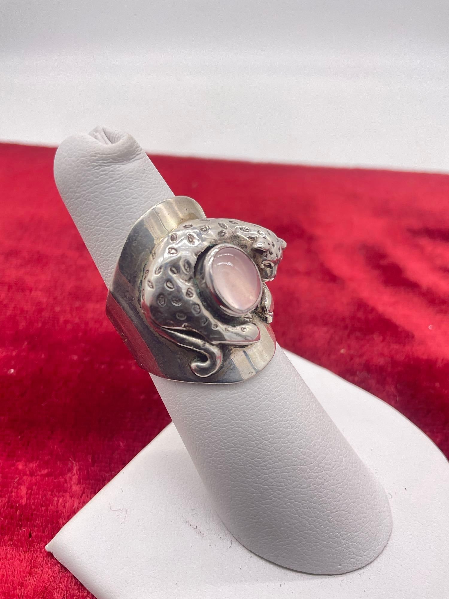 Lovely 1989 Carol Felley Sterling silver Leopard Ring with pink stone setting sz 8 - 2