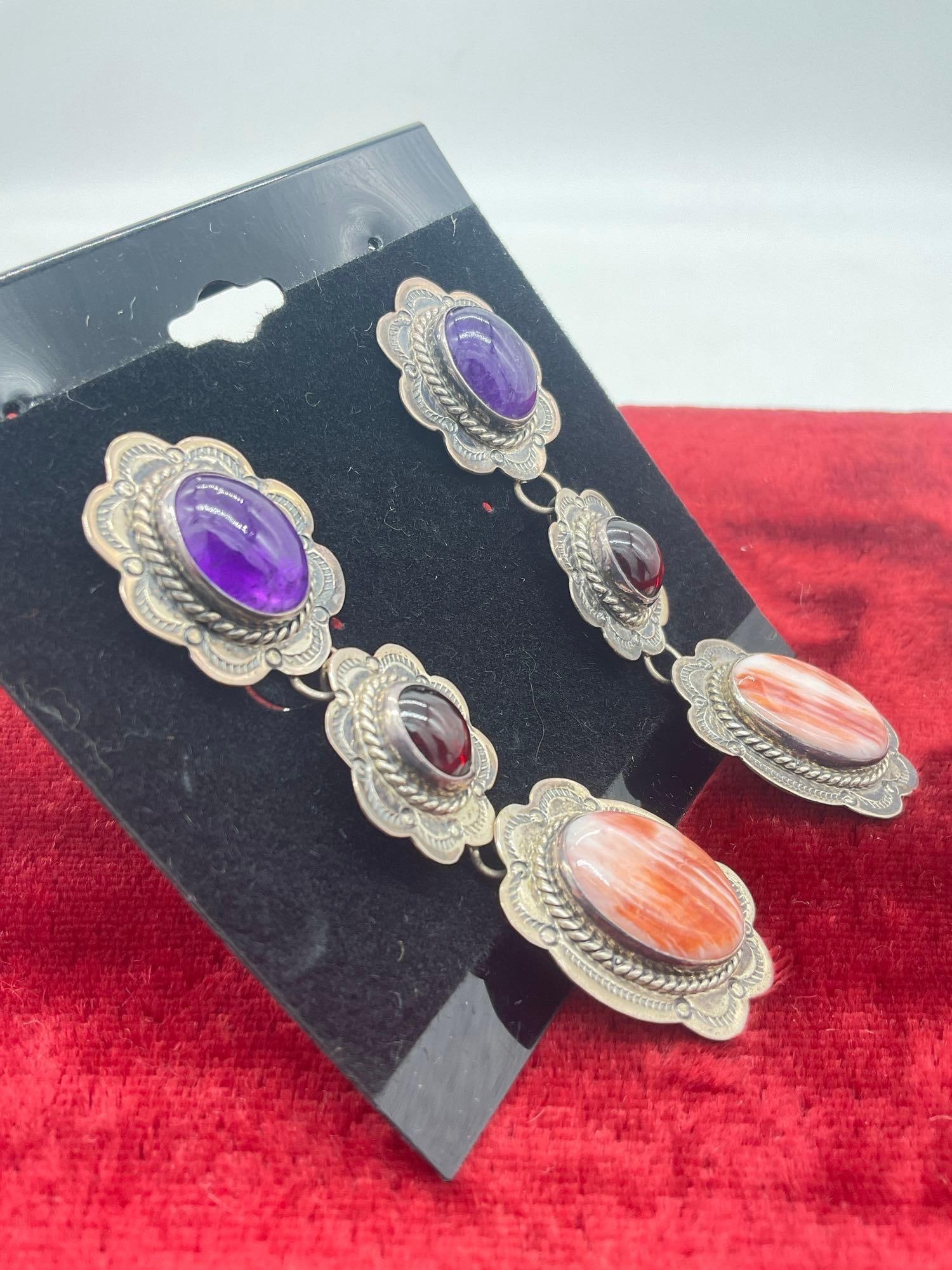 Vintage Nakai sterling silver Native American drop earrings pair with spiny oyster setting - 2