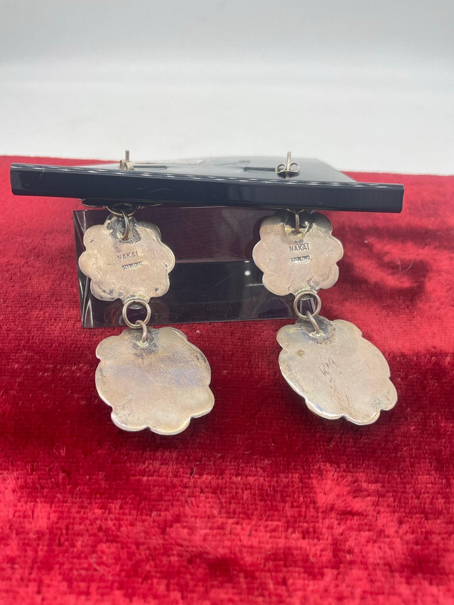Vintage Nakai sterling silver Native American drop earrings pair with spiny oyster setting - 3