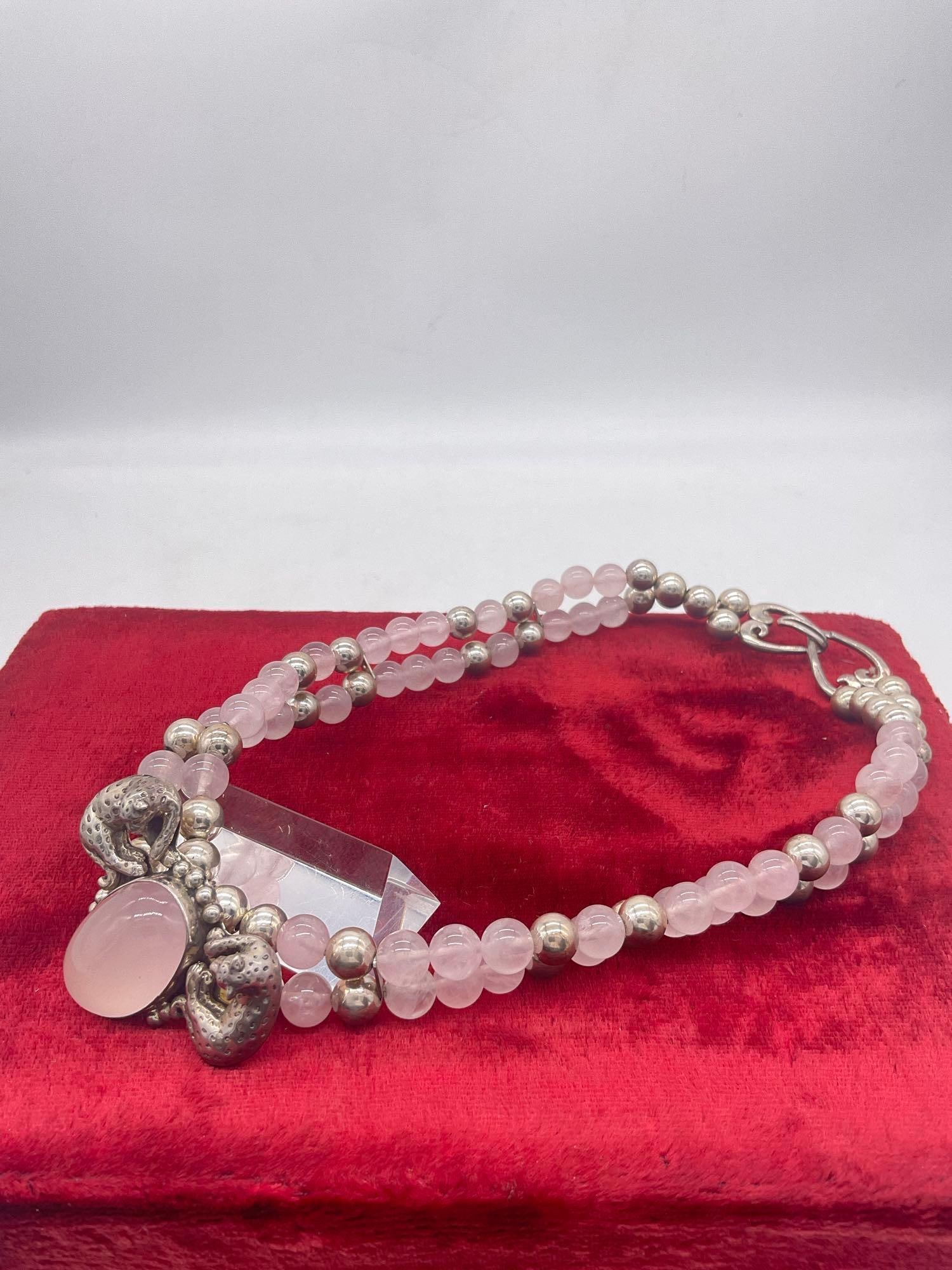 1990 Carol Felley sterling silver Leopard and rose quartz statement bib necklace with heart clasp: Approx 89 grams, approx 16"