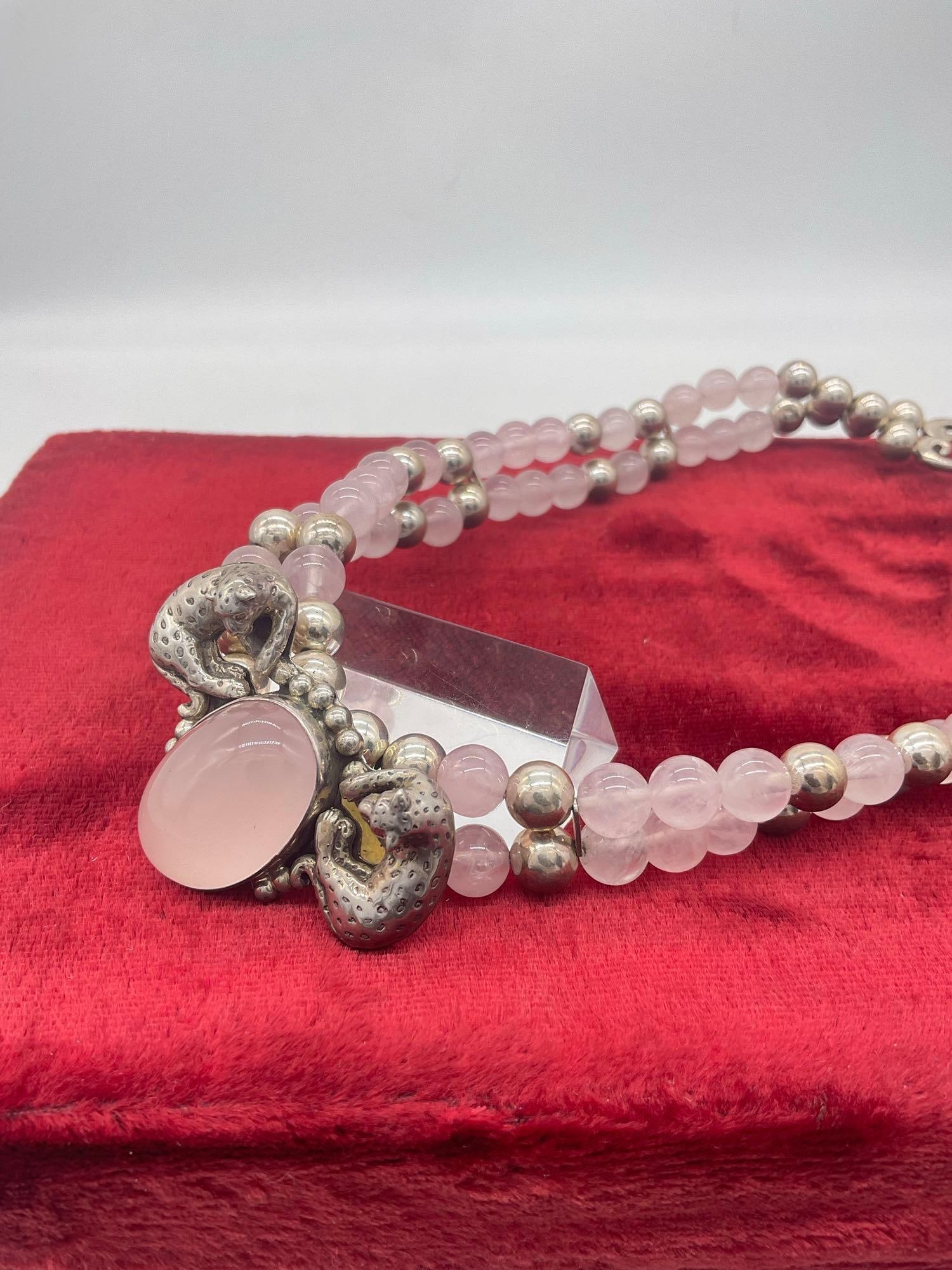 1990 Carol Felley sterling silver Leopard and rose quartz statement bib necklace with heart clasp - 2