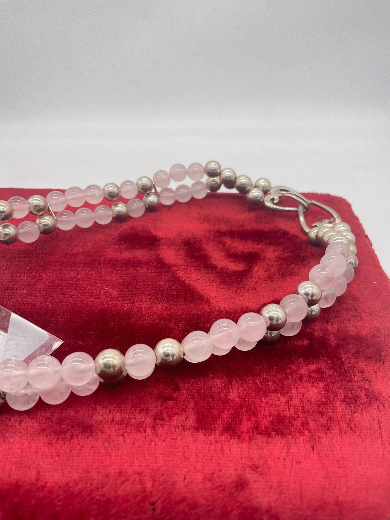 1990 Carol Felley sterling silver Leopard and rose quartz statement bib necklace with heart clasp - 3