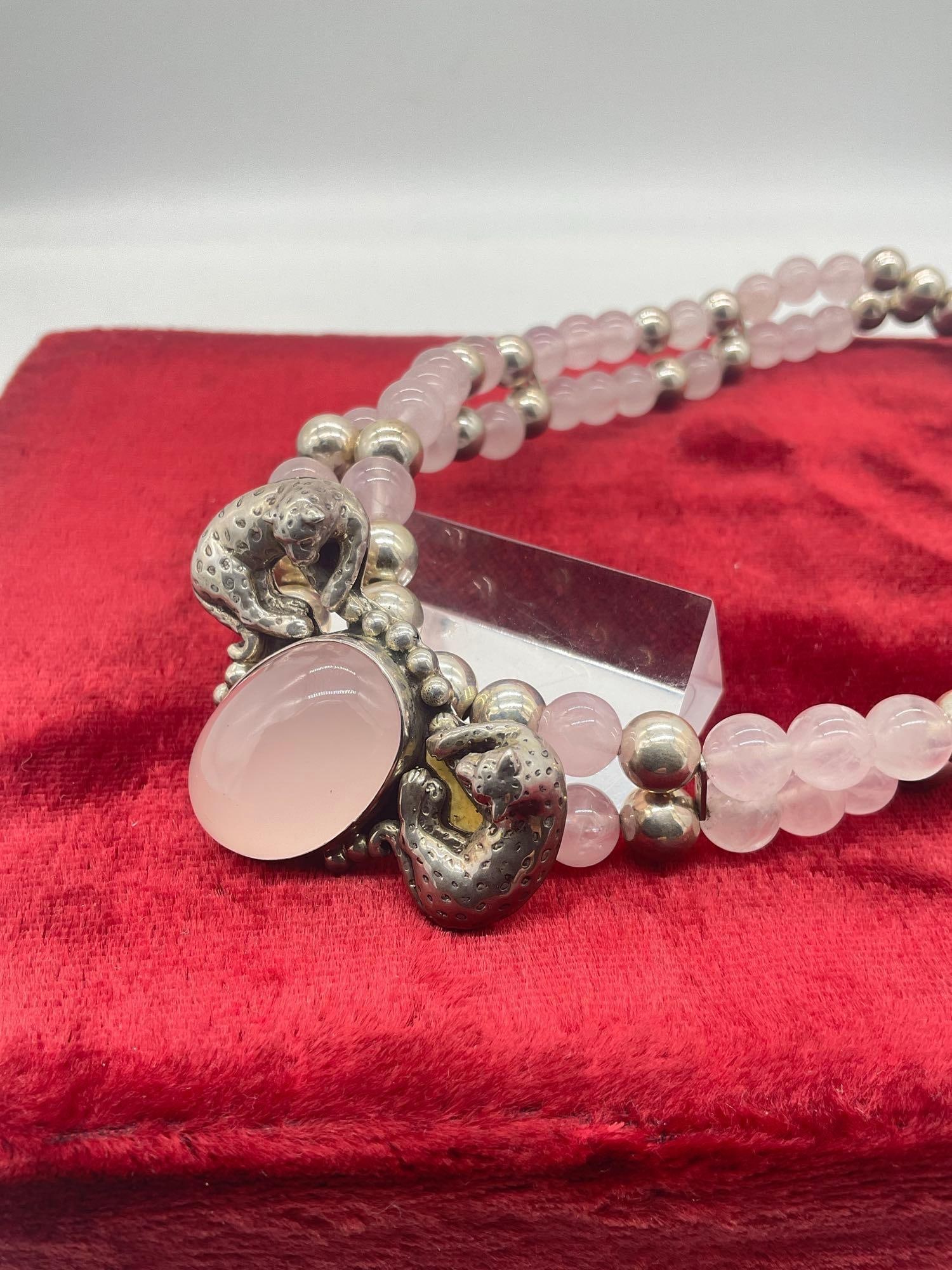 1990 Carol Felley sterling silver Leopard and rose quartz statement bib necklace with heart clasp - 4