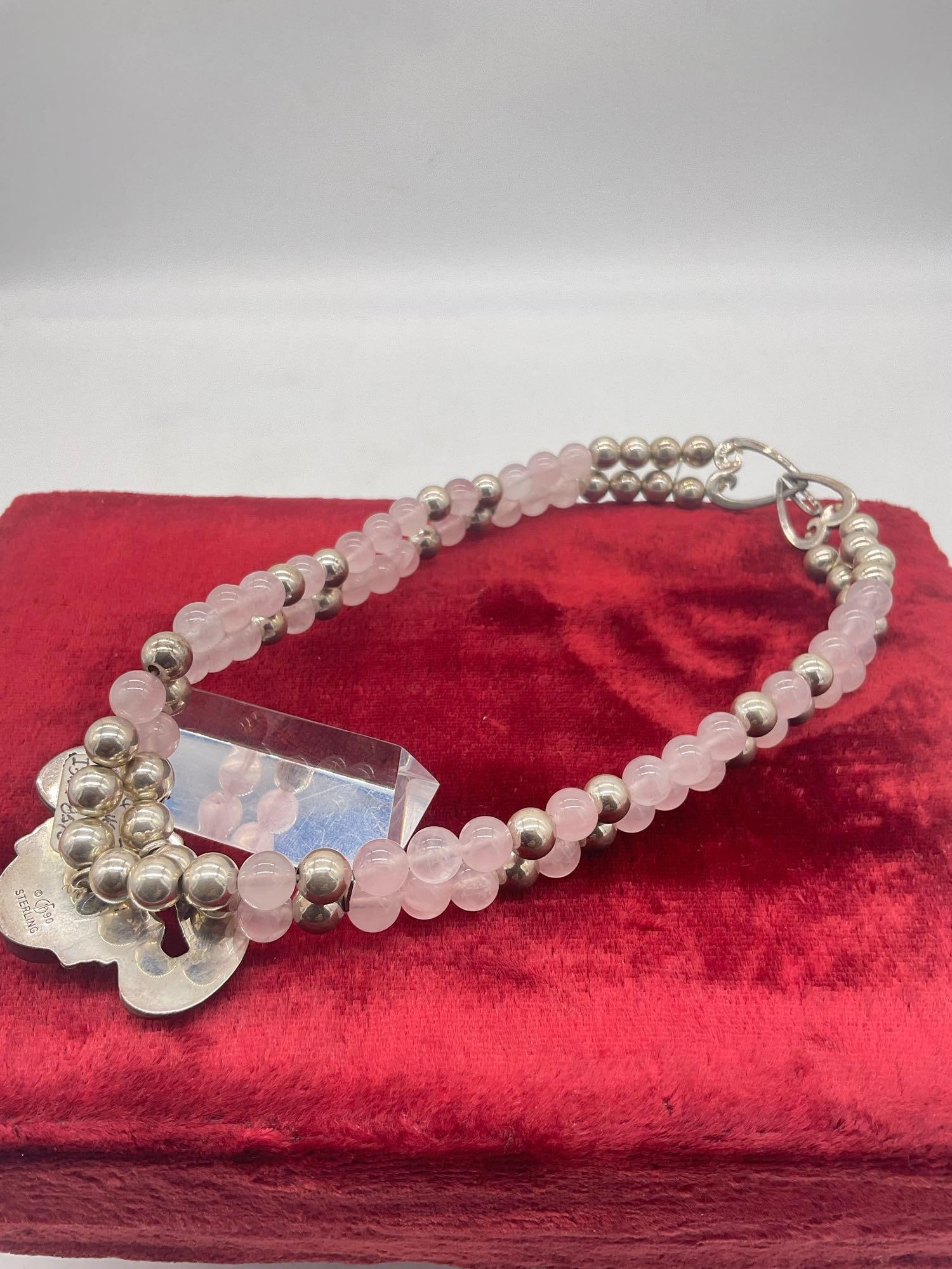 1990 Carol Felley sterling silver Leopard and rose quartz statement bib necklace with heart clasp - 6