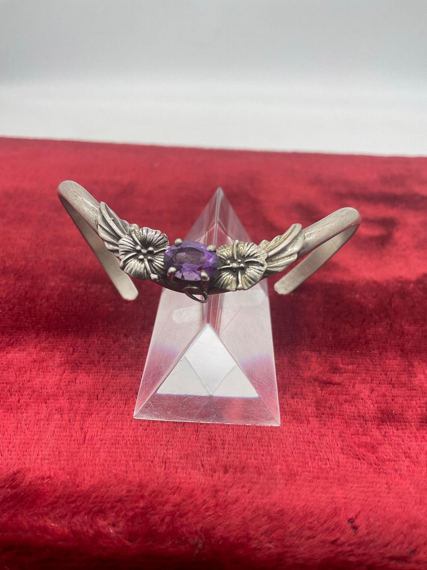 Vintage Carol Felley Native American design curved sterling silver bracelet w/ purple quartz - 2