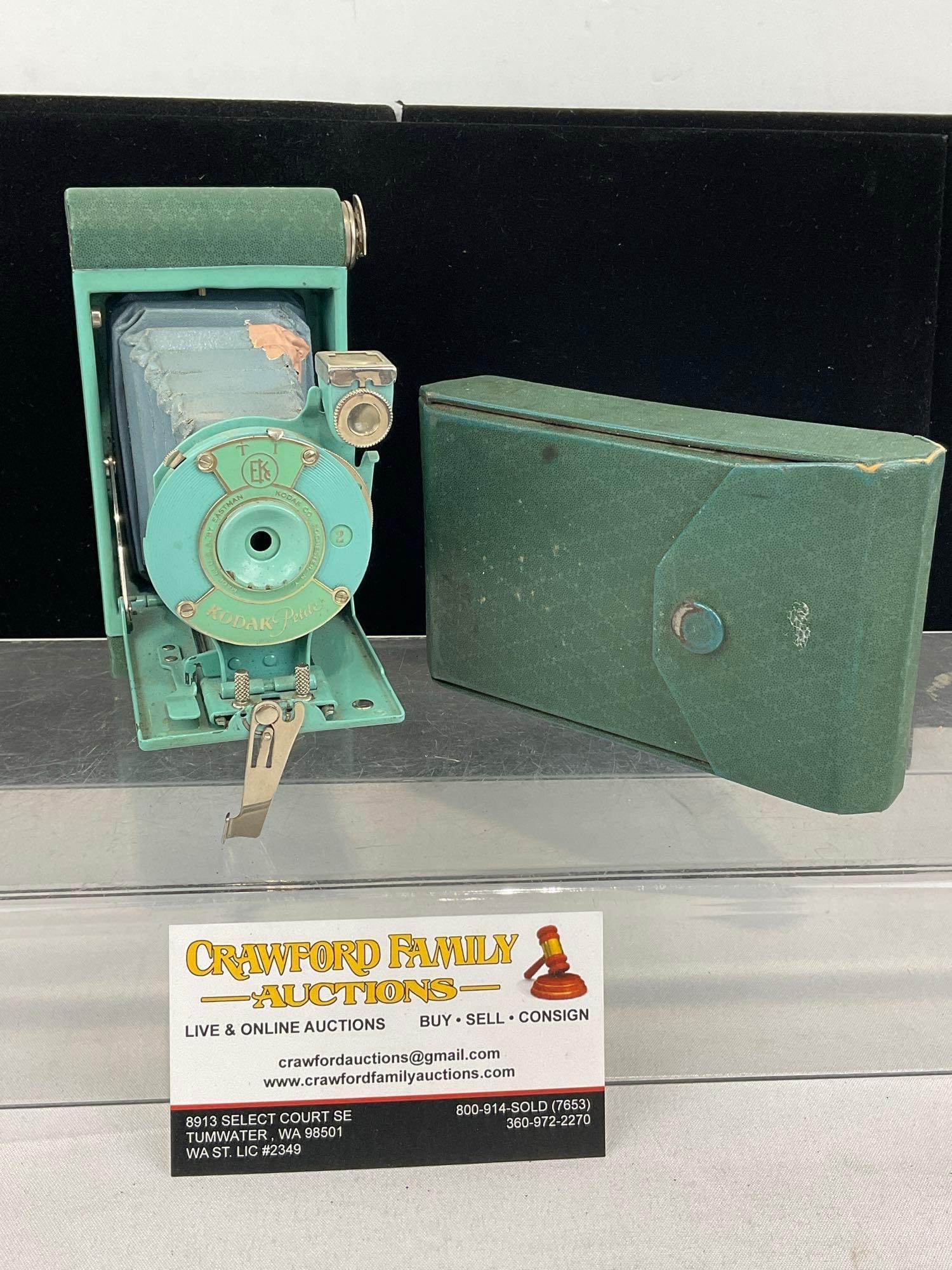 Early 20th Century Eastman Kodak Co. Teal/Turquoise color, Kodak Petite Camera w/leather case (1 of 10)