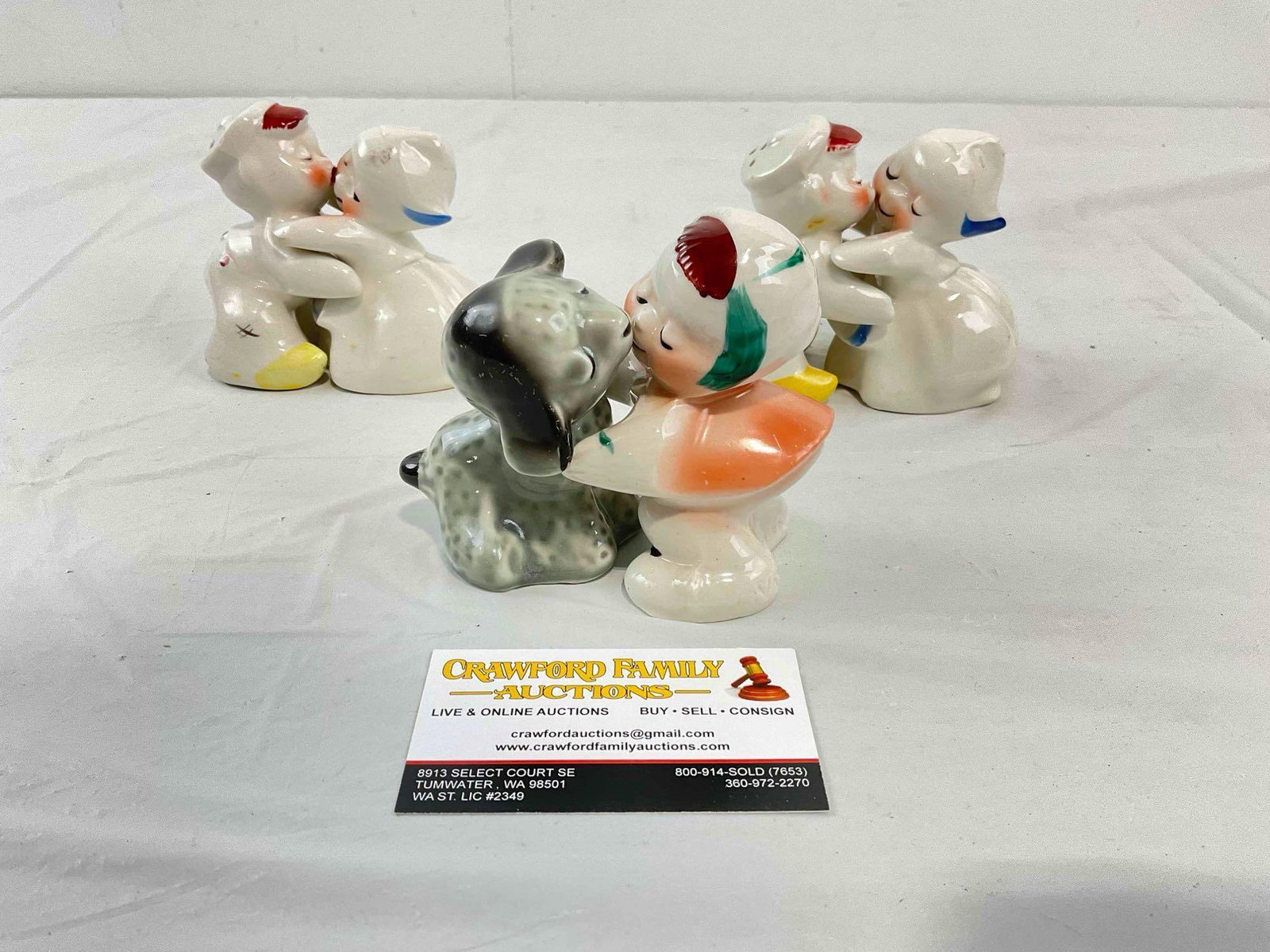 3 Pairs of Vintage VenTellingen Ceramic Salt & Pepper Shakers incl. 2x Boy & Girl, Girl & Lamb.: 3 Pairs of Vintage VenTellingen Ceramic Salt & Pepper Shakers incl. 2x Boy & Girl, Girl & Lamb. Minor wear and hairline cracks indicative of age, otherwise looks to be in fair condition.