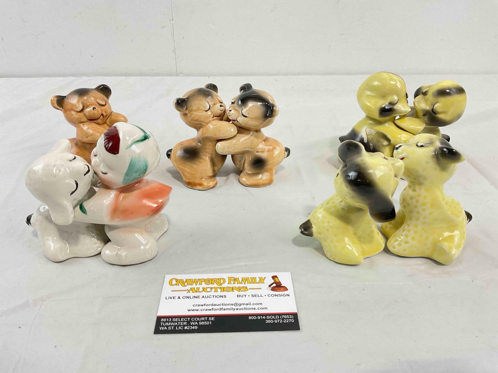 9 pcs Vintage VenTellingen Ceramic Salt & Pepper Shakers incl. Bears, Ducks, Lambs & Girl!: 9 pcs Vintage VenTellingen Ceramic Salt & Pepper Shakers incl. Bears, Ducks, Lambs & Girl! Minor wear and hairline cracks indicative of age, otherwise looks to be in fair condition. Fits in a 