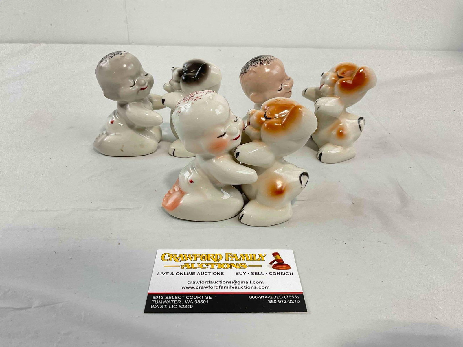 3 Pairs of Vintage VenTellingen Ceramic Salt & Pepper Shakers incl. Babies & Puppies. See pics.: 3 Pairs of Vintage VenTellingen Ceramic Salt & Pepper Shakers incl. Babies & Puppies. Minor wear and hairline cracks indicative of age, otherwise looks to be in fair condition. Fits in a box