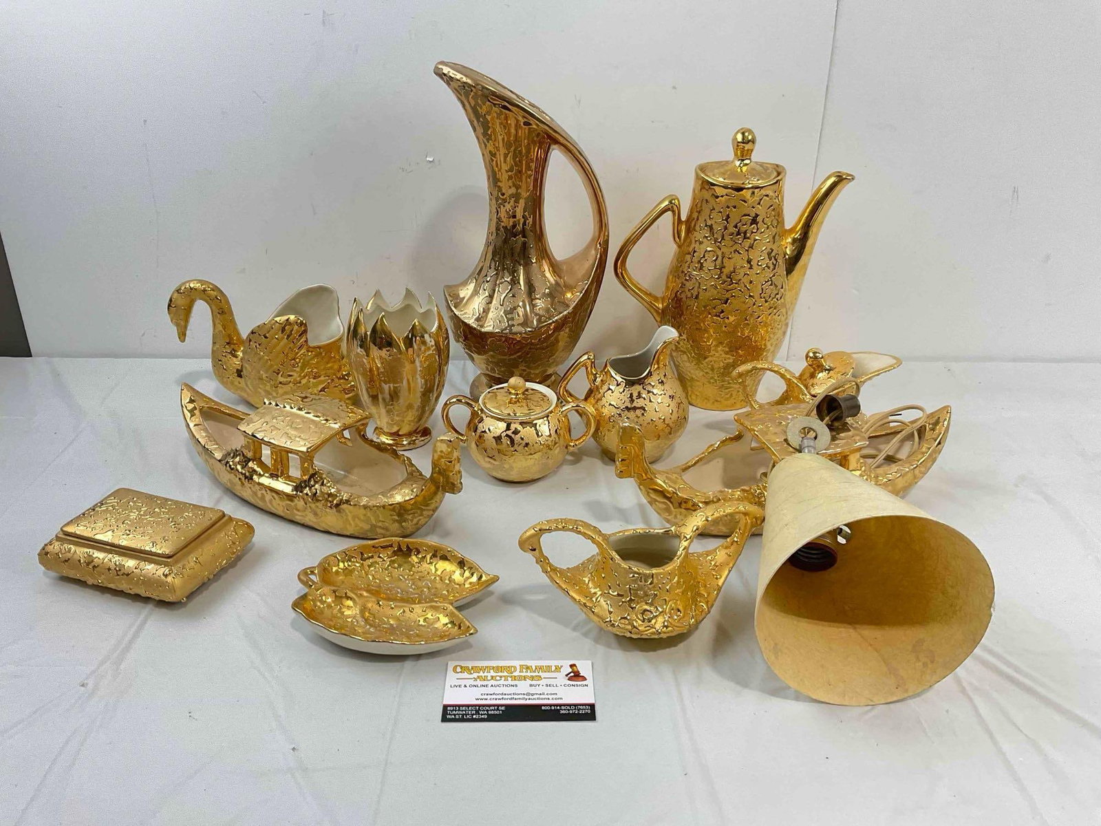 12 pcs Vintage Weeping Gold 22k Glazed Ceramic Dish Assortment, incl. Coffee Pot & More. - 4