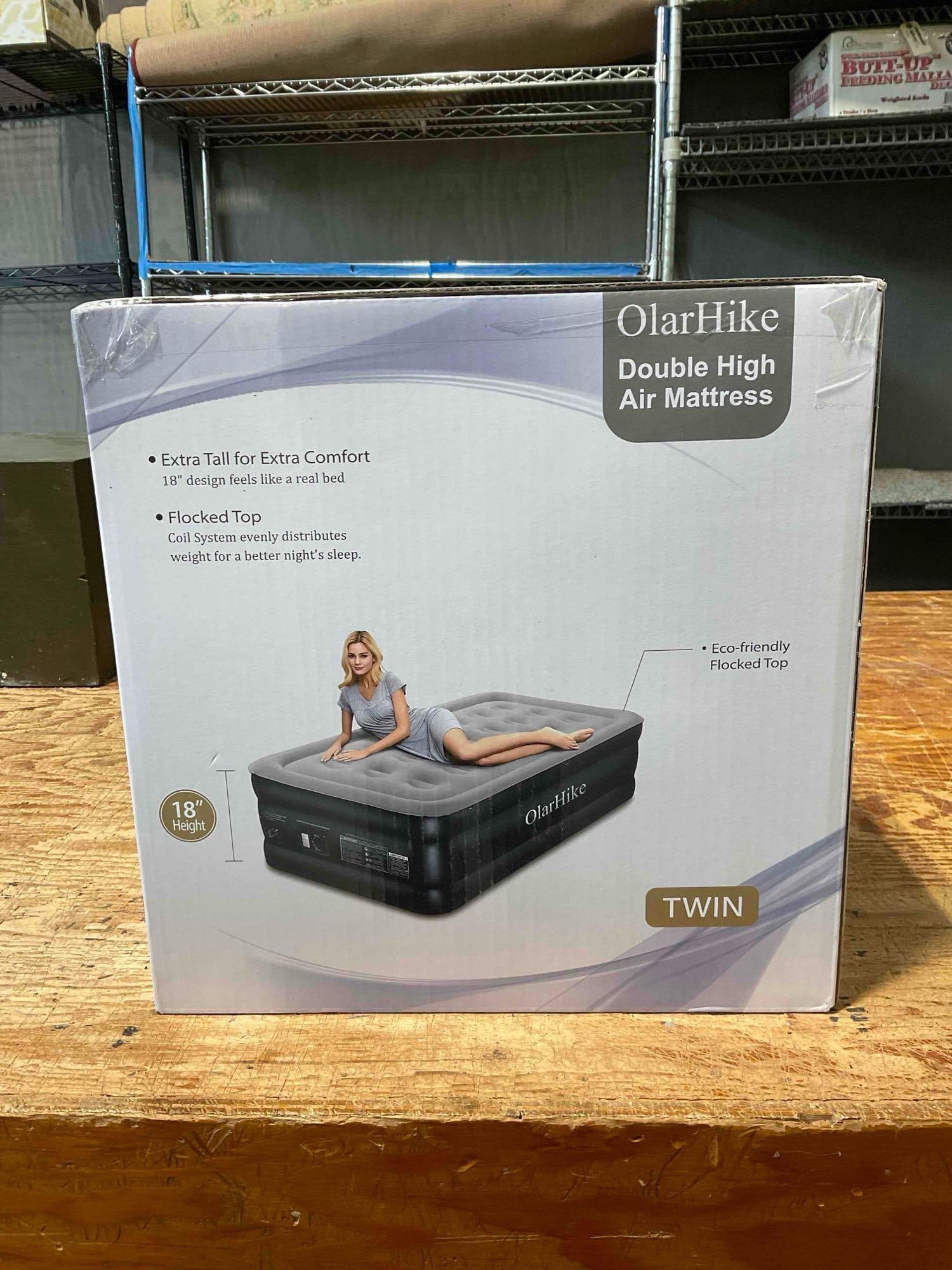 NIB OlarHike Double High Twin Air Mattress Model WM042008US. Good Condition. See pics.: NIB OlarHike Double High Twin Air Mattress Model WM042008US. Good Condition. Never been opened, looks to be in good condition. Measures 13" x 8" x 13" Dm-6040
