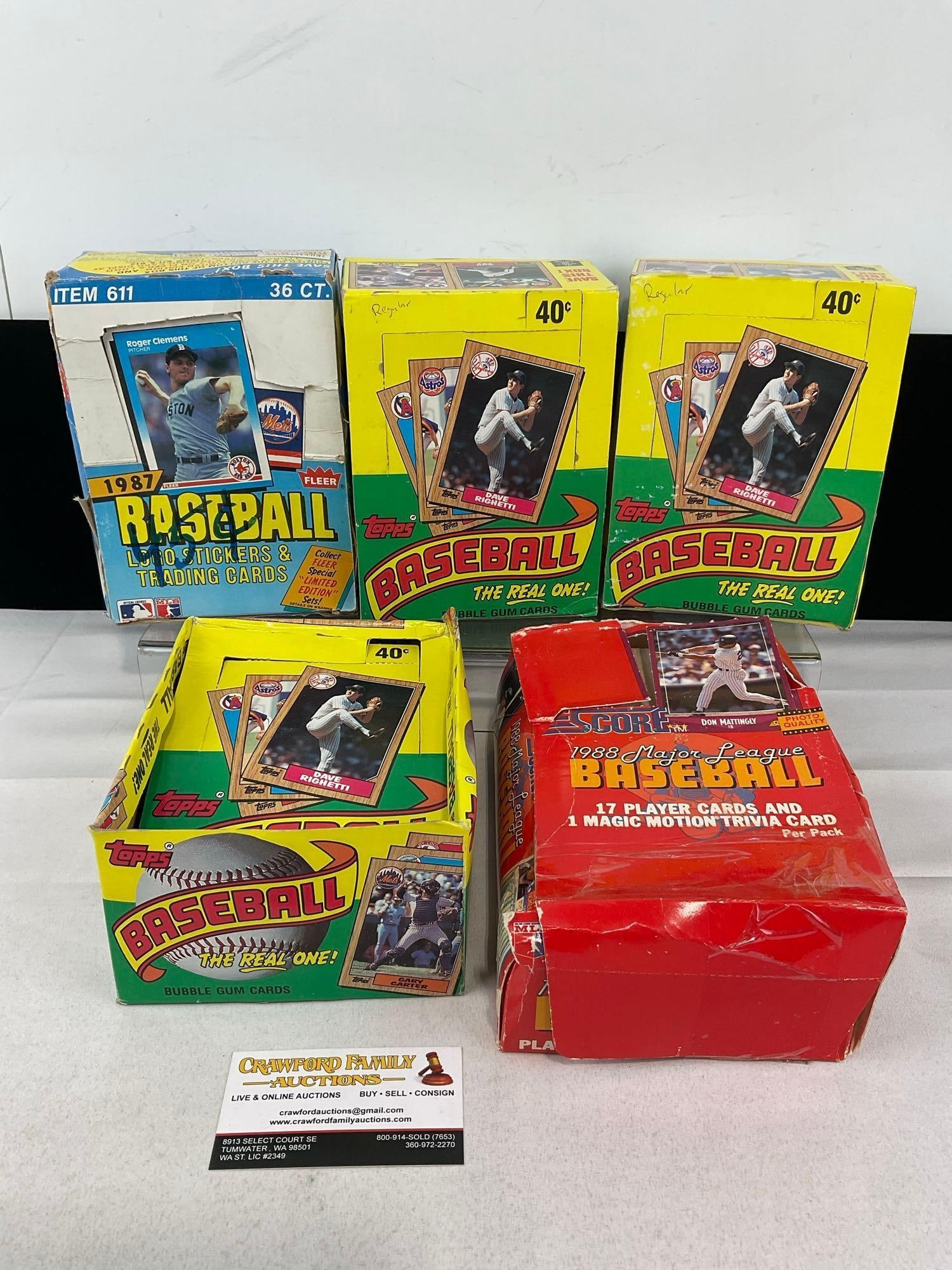 5 Boxes of Baseball Cards, Fleer 1987 in packs, 3x Topps & 1x Score all opened, unresearched (1 of 5)