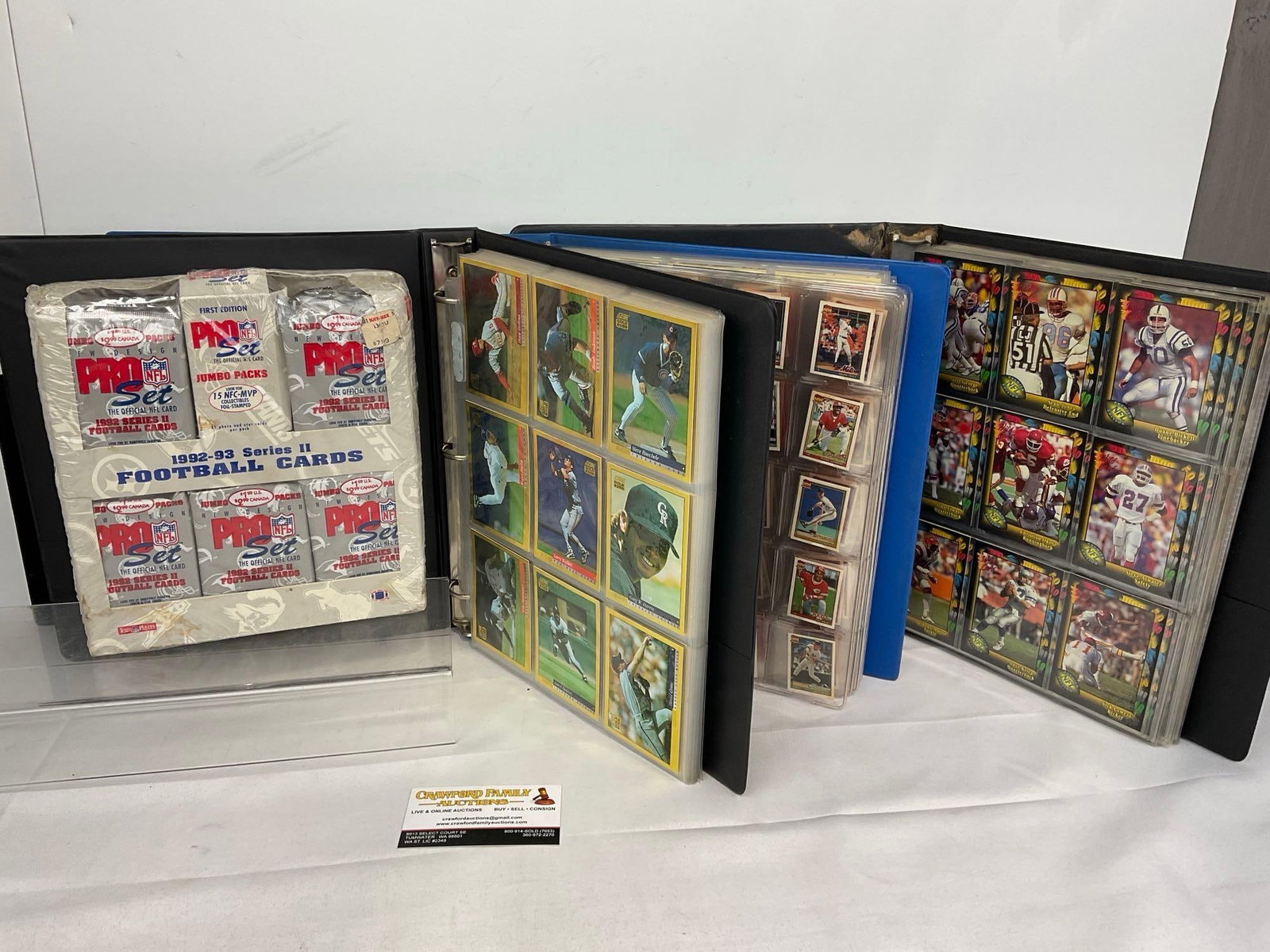 Set of 3 Baseball & Football Card Binders & 92-93 Series II Football Cards Box factory Sealed: Includes: Score Gold Rush, Tiny Cards & Wild Cards Set in binders. Appears to be in good shape. The piece measures approx 7h x 13w x 13d inches. See pics. E-5940